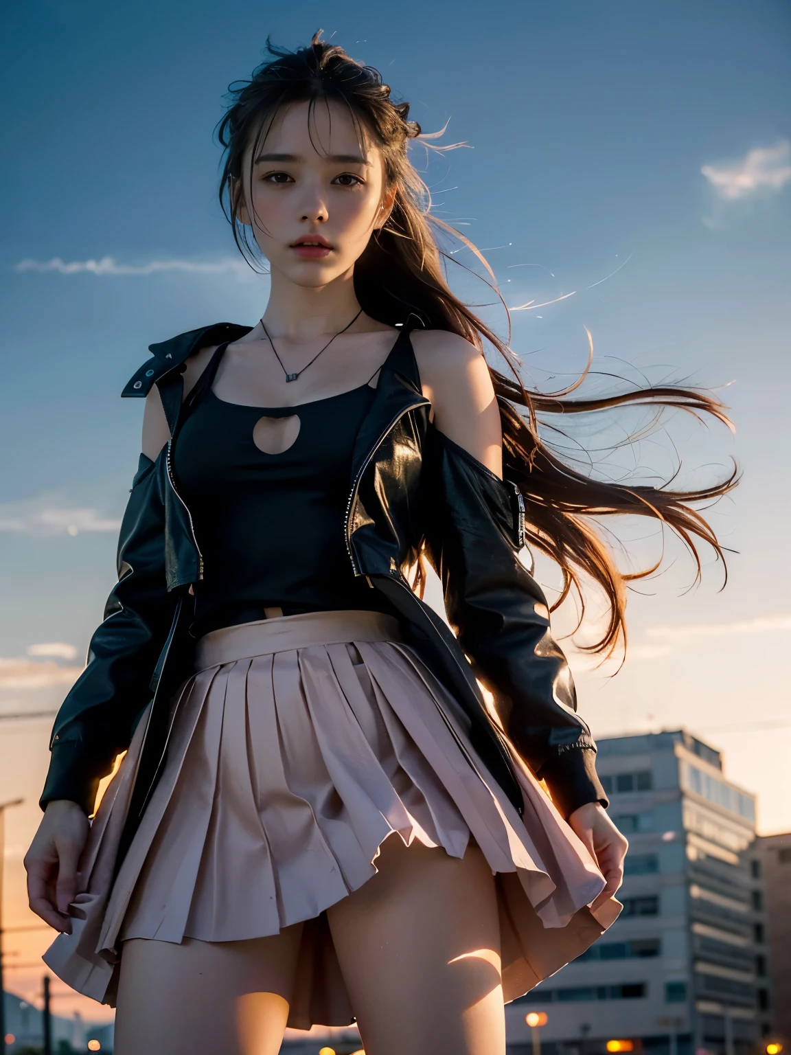 best quality, masterpiece, (realistic:1.2), 1girl, solo, (silhouette lighting:1.2), light brown french braids hair with bangs, cowboy shot, cyberpunk style, tank-top with jacket, short skirt, hourglass figure, standing by vending machine, dusk, twilight, cleavage, (windy upskirt, wind blowing skirt:1.4), pink clouds