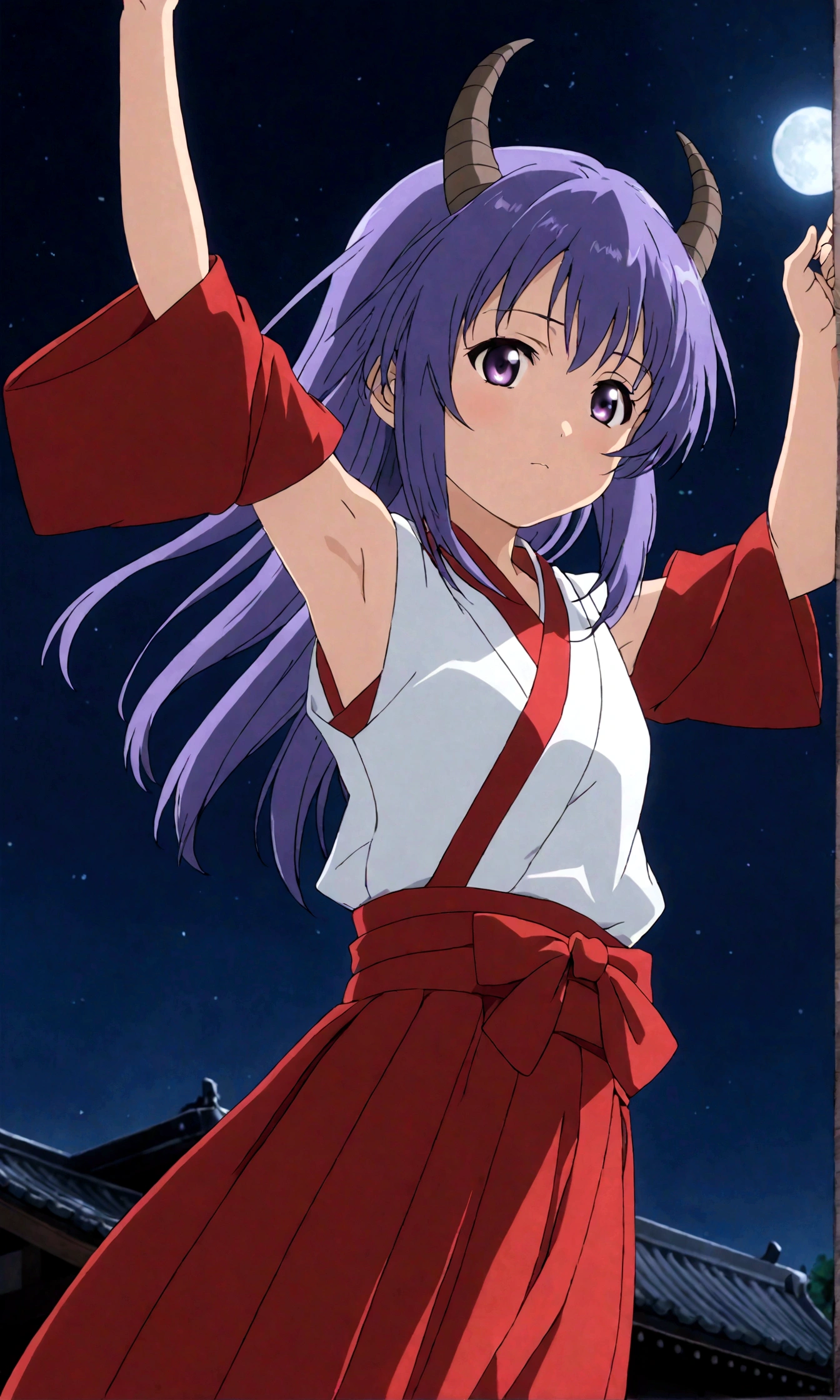 score_9, score_8_up, score_7_up, score_6_up, source_anime,BREAK , 1girl, hanyuu, solo, (tween:1.2), kawaii, ((horns)), medium breasts, purple eyes, purple hair, long hair, simple background, white background, japanese clothes, miko, skirt, hakama, hakama skirt, red detached sleeves, red hakama,Dancing under the moonlight, ,cinematic angle,,anime screencap, anime coloring,,(cinematic lighting,professional lighting),cinematic shadows,backlighting