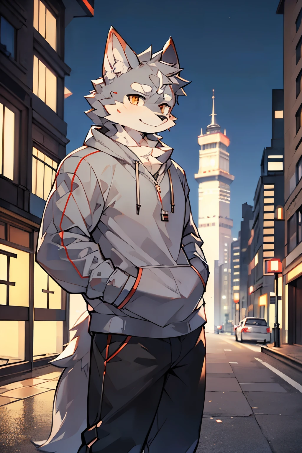 Exquisite lines，best quality。Muscular body, Gray fur,body torn, Standing on the street, Gorgeous city evening background, head tilted to one side, Beautiful city sky, Wearing a gray sweatshirt, wolf furry character