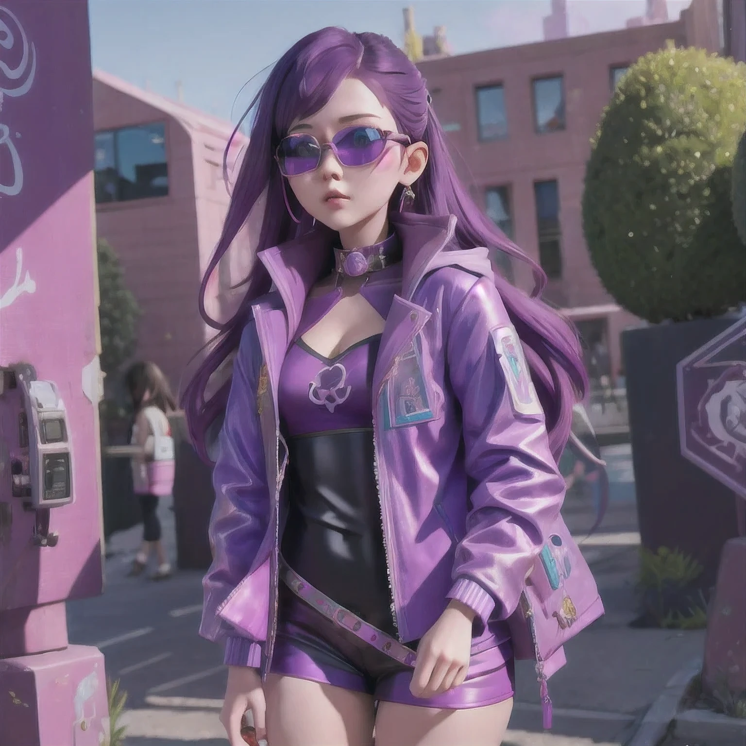 purple haired woman with purple sunglasses and a purple jacket, artwork in the style of guweiz, inspired by Yanjun Cheng, guweiz, trending on cgstation, belle delphine, yanjun chengt, ross tran 8 k, purple aethetic, in the style of ross tran, luts, deviantart artstation cgscosiety, trending at cgstation(masterpiece, best quality:1.2), 1girl, solo