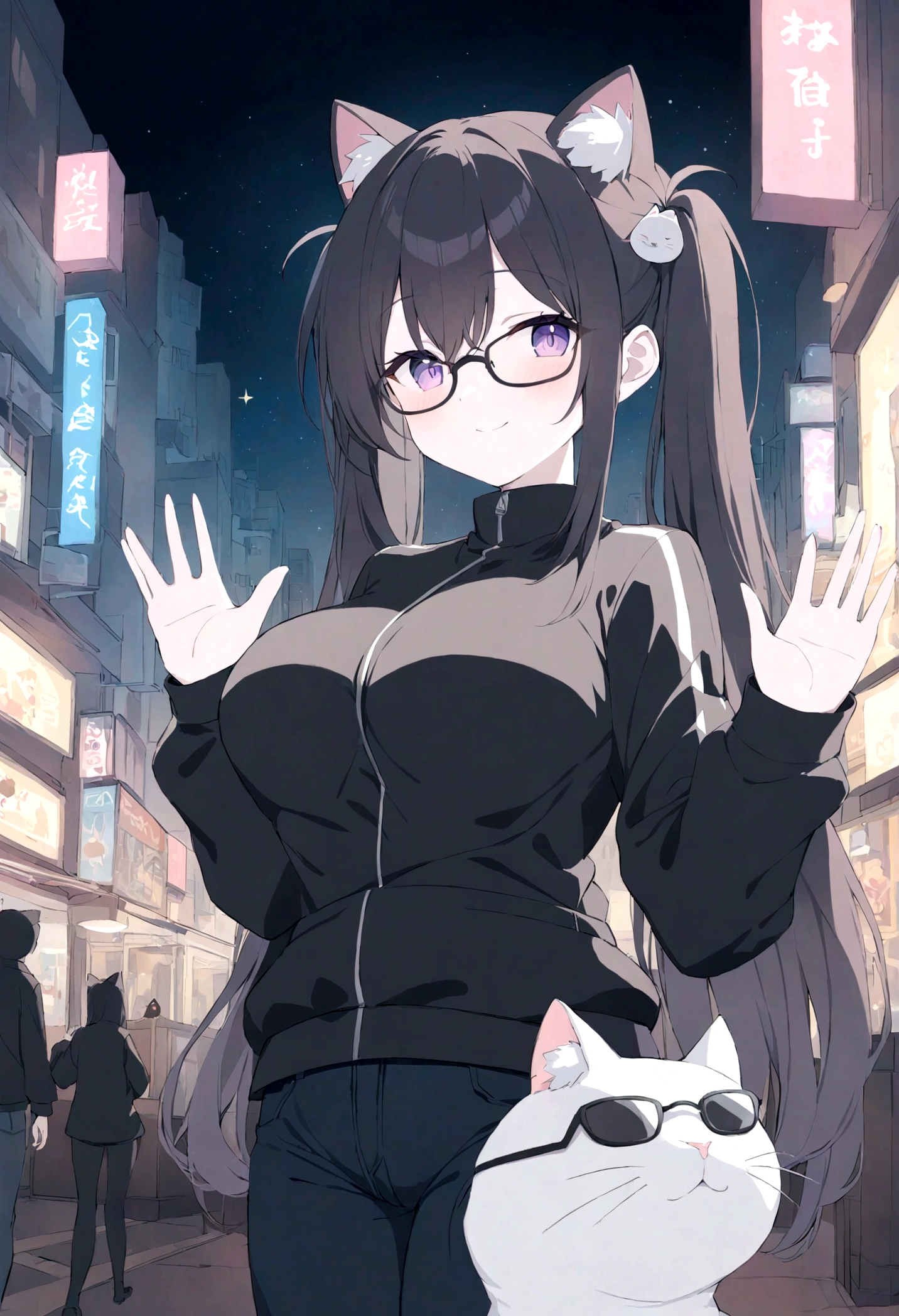 draw me an anime picture, a woman with black twintail hair, and wearing a trendy black jacket with white stripes on each side of the jacket, cute face and beautiful face, white skin, y body, standard brend big buttocks, ear accessories cat, and wearing black jeans, purple eyes, wearing black-framed glasses, hands waving as if to give a welcome signal, with a beautiful background of night in the middle of the city