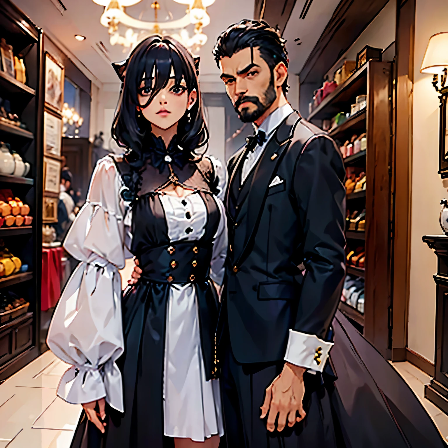 Un hombre alto con el cabello largo y con barba con traje negro sosteniendo la mano de su esposa con orejas de gato y ropa elegante, fuera de una casa.