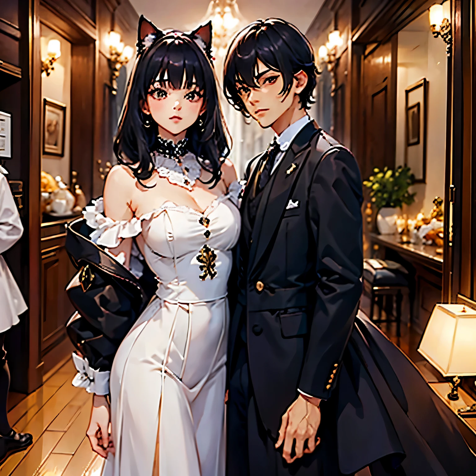 Un hombre alto con el cabello largo y con barba con traje negro sosteniendo la mano de su esposa con orejas de gato y ropa elegante, fuera de una casa.