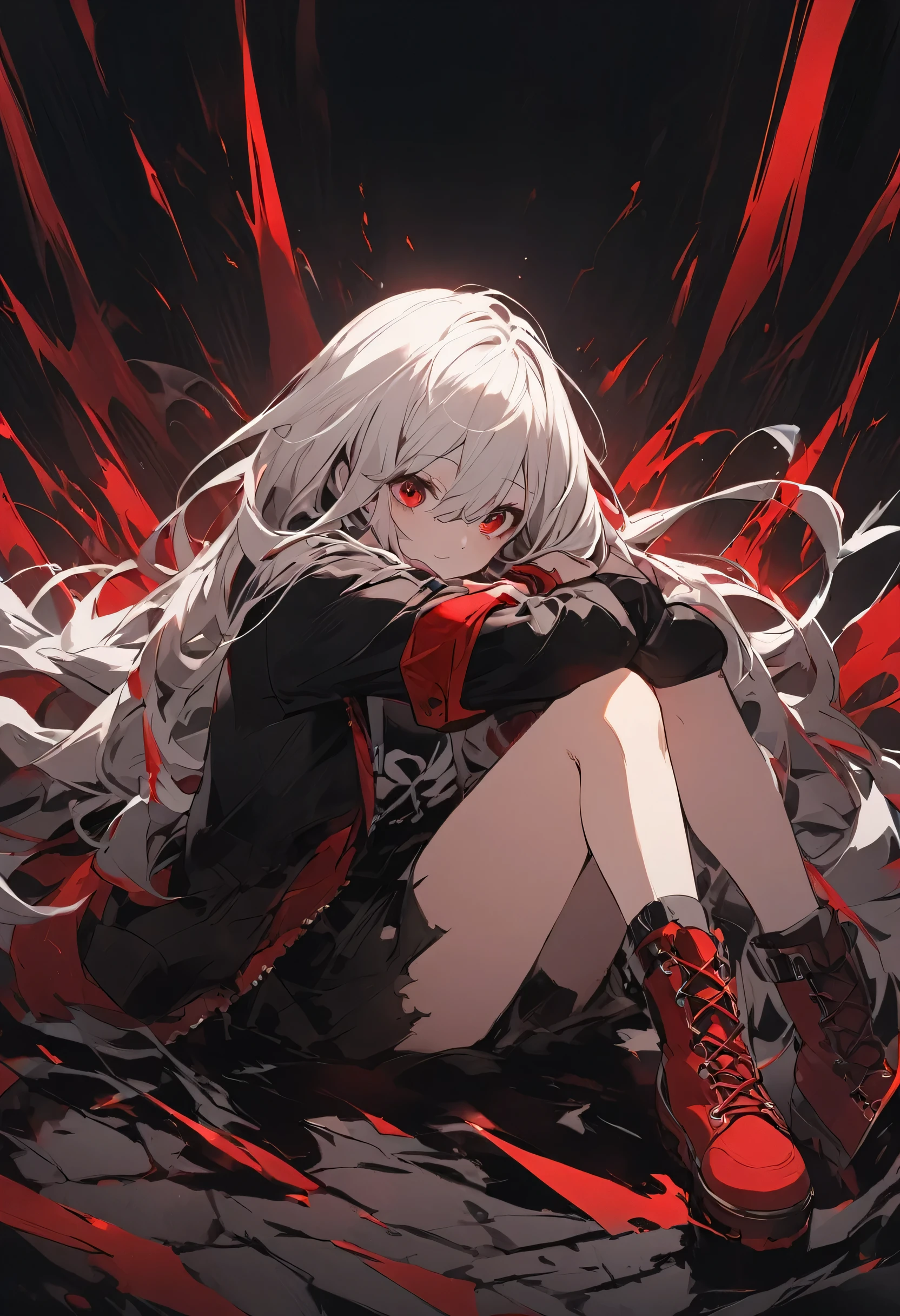 Have long hair、Wearing black clothing with ripped details、A girl in red boots、Illustration of a person sitting with one leg bent up。The background is dark、The white and red accents are dynamic.、It expresses a strong atmosphere