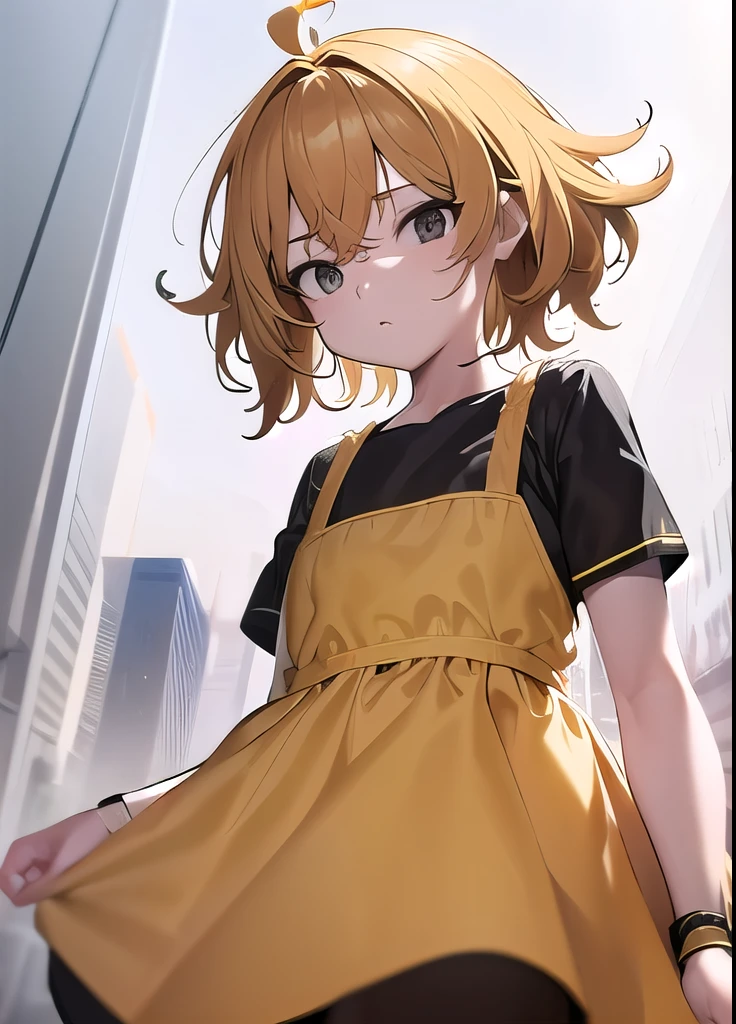 Masterpiece, best quality, 1 man, messy hair, Hair is a little long., Yellow dress, short sleeve dress, white armband, black eyes, black pants,