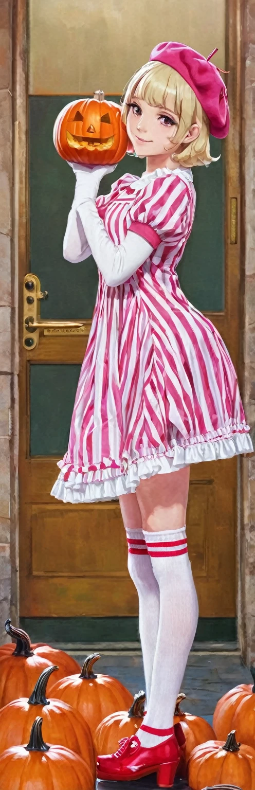 (masterpiece, best quality:1.2), 1girl, solo,standing_split, 
Lambdadelta, pink beret, dress, blonde hair, short hair, pink and white striped knee highs, pink shoes, red eyes, pumpkin