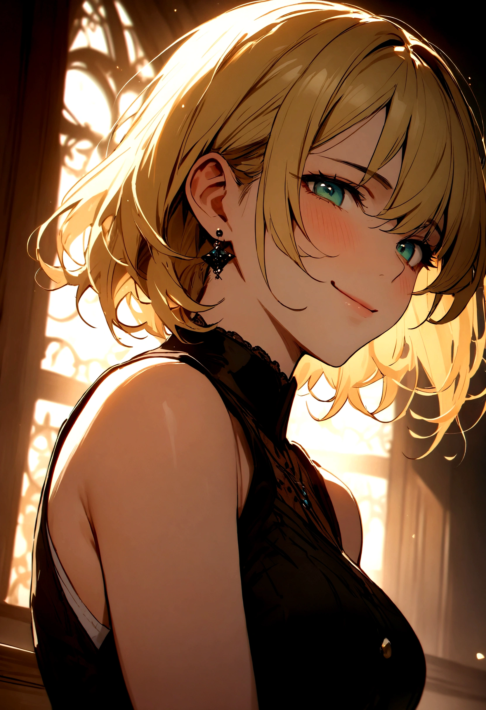 (high quality:1.4), (high resolution:1.3), (incredibly detailed:1.28), cinematic lighting, masterpiece, perfect anatomy, (pov:1.25),1woman,,Female in her 20s,mature woman, blonde hair ,blue-green eyes ,  short cut hair, 
shy, smile,
close up of face,
sleeveless shirt, earrings,