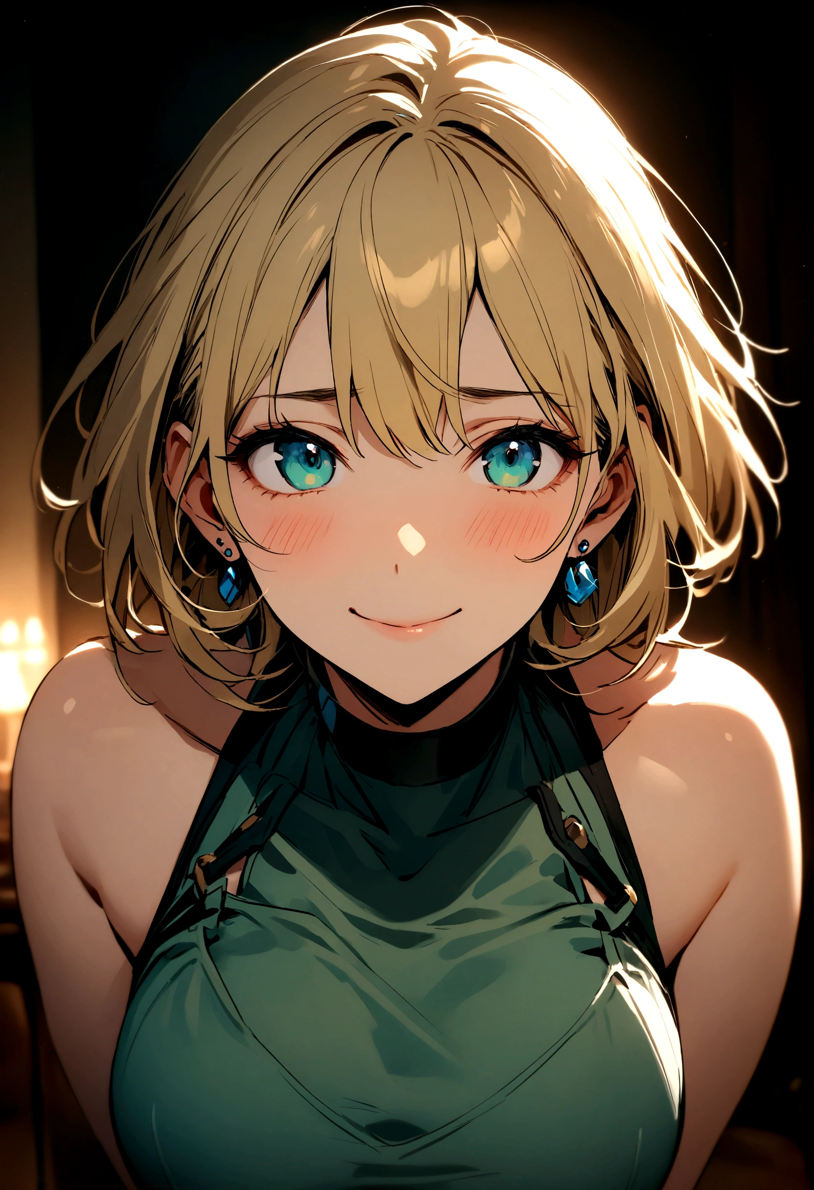 (high quality:1.4), (high resolution:1.3), (incredibly detailed:1.28), cinematic lighting, masterpiece, perfect anatomy, (pov:1.25),1woman,,Female in her 20s,mature woman, blonde hair ,blue-green eyes , short cut hair,
shy, smile,
close up of face,
sleeveless shirt, earrings,