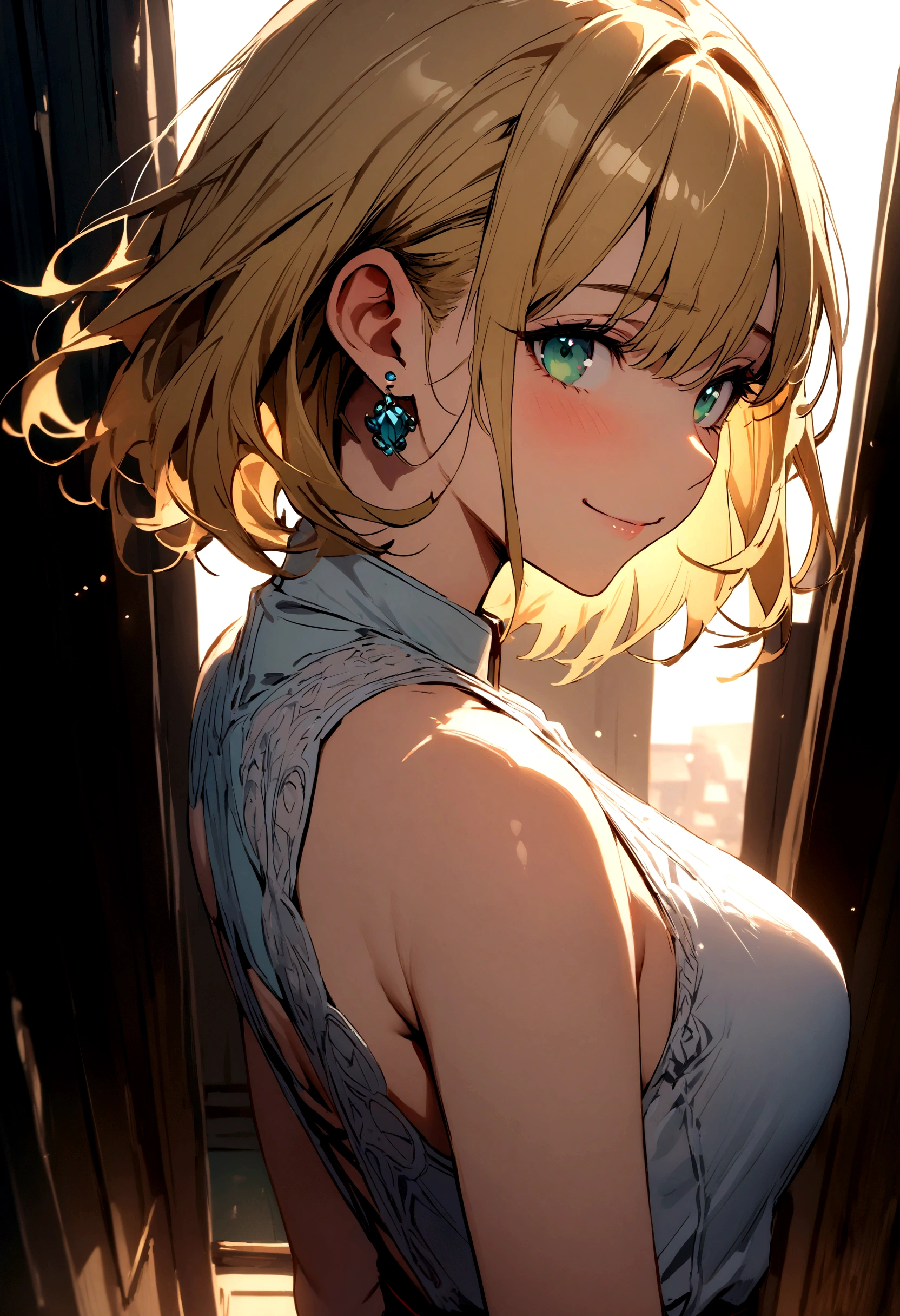 (high quality:1.4), (high resolution:1.3), (incredibly detailed:1.28), cinematic lighting, masterpiece, perfect anatomy, (pov:1.25),1woman,,Female in her 20s,mature woman, blonde hair ,blue-green eyes ,  short cut hair, 
shy, smile,
close up of face,
sleeveless shirt, earrings,