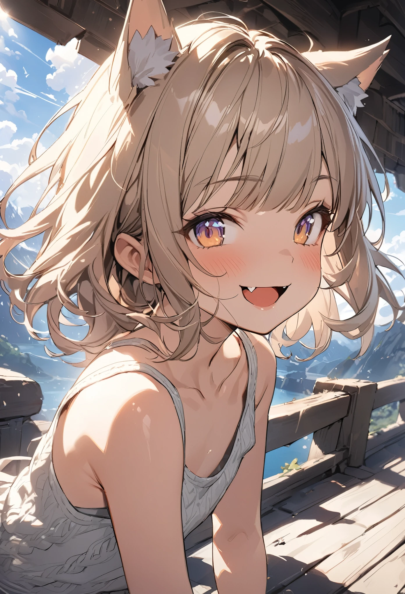 ((Masterpiece)), ((best quality)), (Anime:1.3), (super detail:1.2), (High Definition:1.3), (Professional Photography:1.4), (sharp focus), (perfect light), (()), 8K, Glossy skin, cinematic lighting, 1girl, wide-shot, (Knit fabric tank top), (Cute innocent teenage girllendar body, small breast, glossy medium hair, (loose blunt bangs), ((:3)), open mouth, fang out, (naughty smile), beautiful collarbones, (slightly exposed shoulders), (put on wolf ears), pale brown hair, Hair that flutters in the wind, BREAK, ((best quality)), (super detail:1.2), (Excited pose on Vast fjords), summerday, Beautiful Mountains Background,