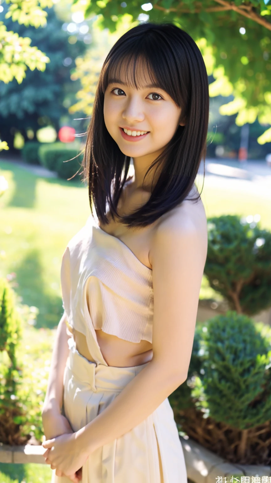 Very beautiful Japanese women、cute:1.5,21 years old、Big eyes、Attractive eyes、university student、topless:2.0,Nipples are visible:2.0,White pleated skirt:1.5、topless:2.0,small,Sunny day in the university gardens、Are standing、Looking into the camera:1.5、Smile 1.3、healthy、White skin、light makeup、whole body、small乳首、