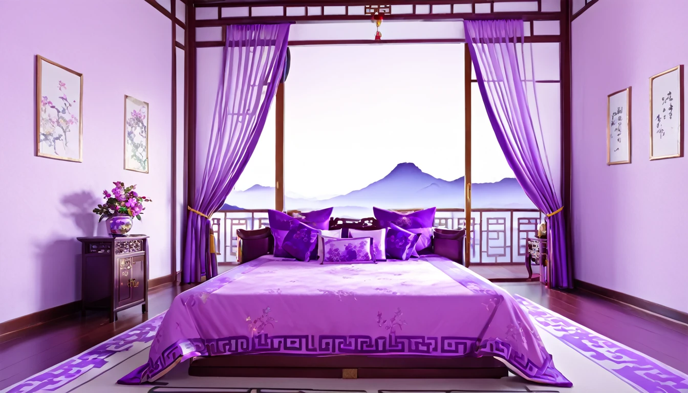 Top quality illustration landscape no people chinese style room purple delicate bed sofa