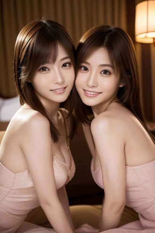 ((Gorgeous Sisters:1.5, Female duo:1.5, Gorgeous Dress:1.5, Hotel Suite:1.5))), Cinematography,(Ultra Realistic, High resolution), (Highly detailed eyes, Highly detailed hair, highly Detailed face, Highly detailed plump lips,Perfect Anatomy),(highest quality:1.4), (Realistic, photo-Realistic:1.37), Professional photography, Cinematic Light, (Detailed face: 1.2), slim,(Beautiful leg lines ),(Famous Japanese actresses:1.2), RAW Photos, Highly detailed skin,very thin fingers, Highly detailed nose, Highly detailed mouth,Highly detailed background, smile