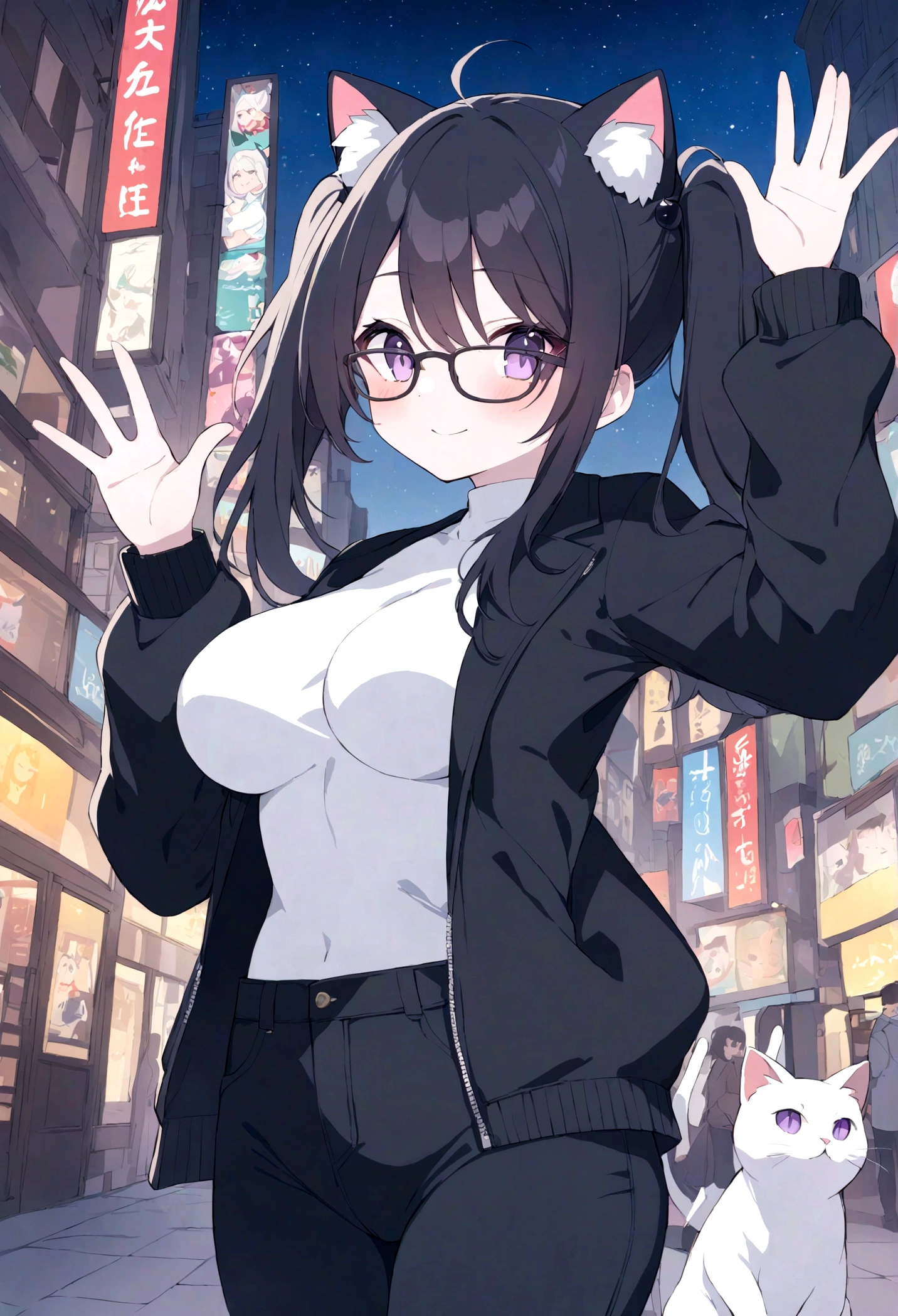 draw me an anime picture, a woman with black twintail hair, and wearing a trendy black jacket with white stripes on each side of the jacket, cute face and beautiful face, white skin, sexy body, standard breasts, and big buttocks, wearing ear accessories cat, and wearing black jeans, purple eyes, wearing black-framed glasses, hands waving as if to give a welcome signal, with a beautiful background of night in the middle of the city