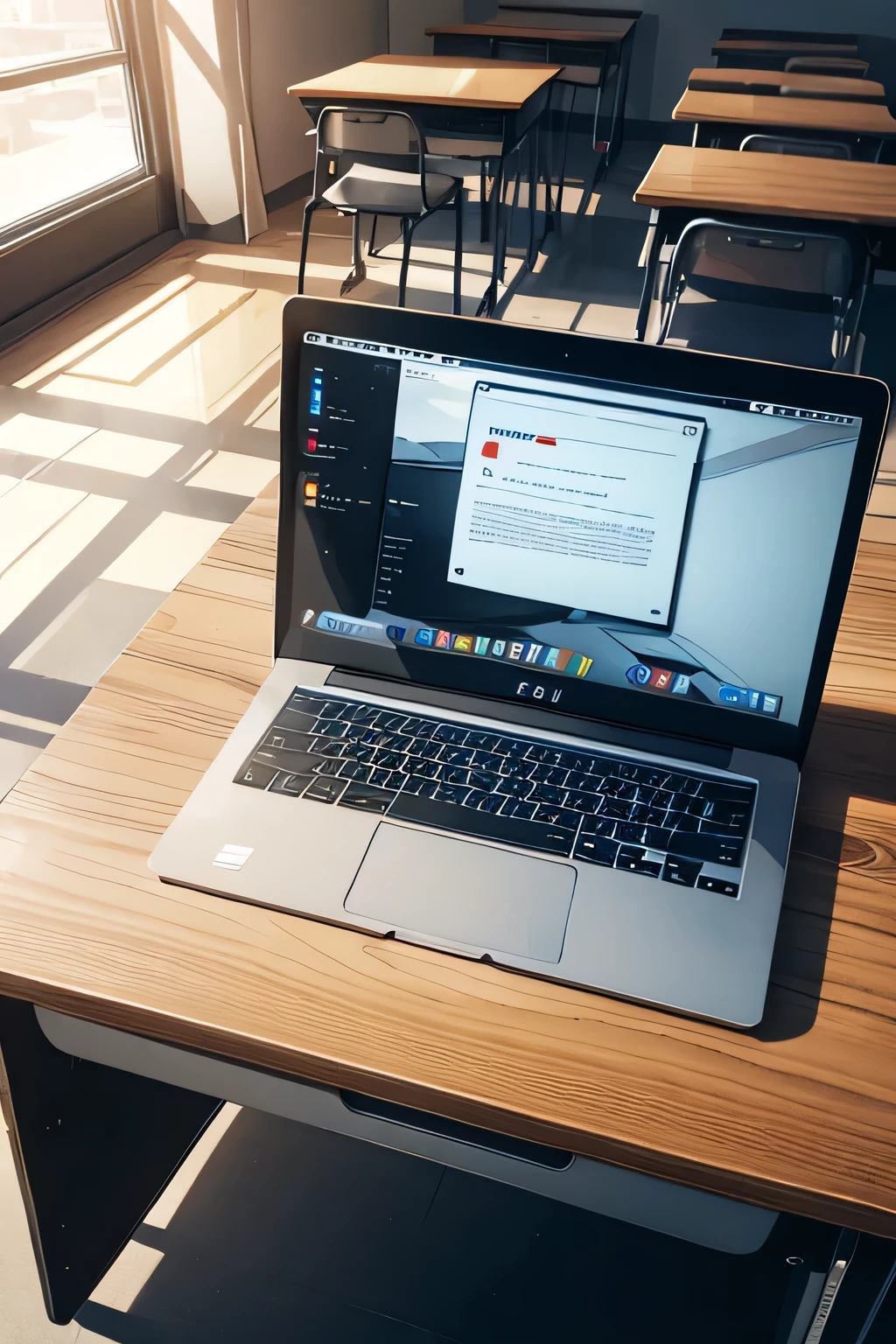laptop in classroom desk, macbook in the table, empty classroom, laptop screen visible, zoomed in to the laptop screen