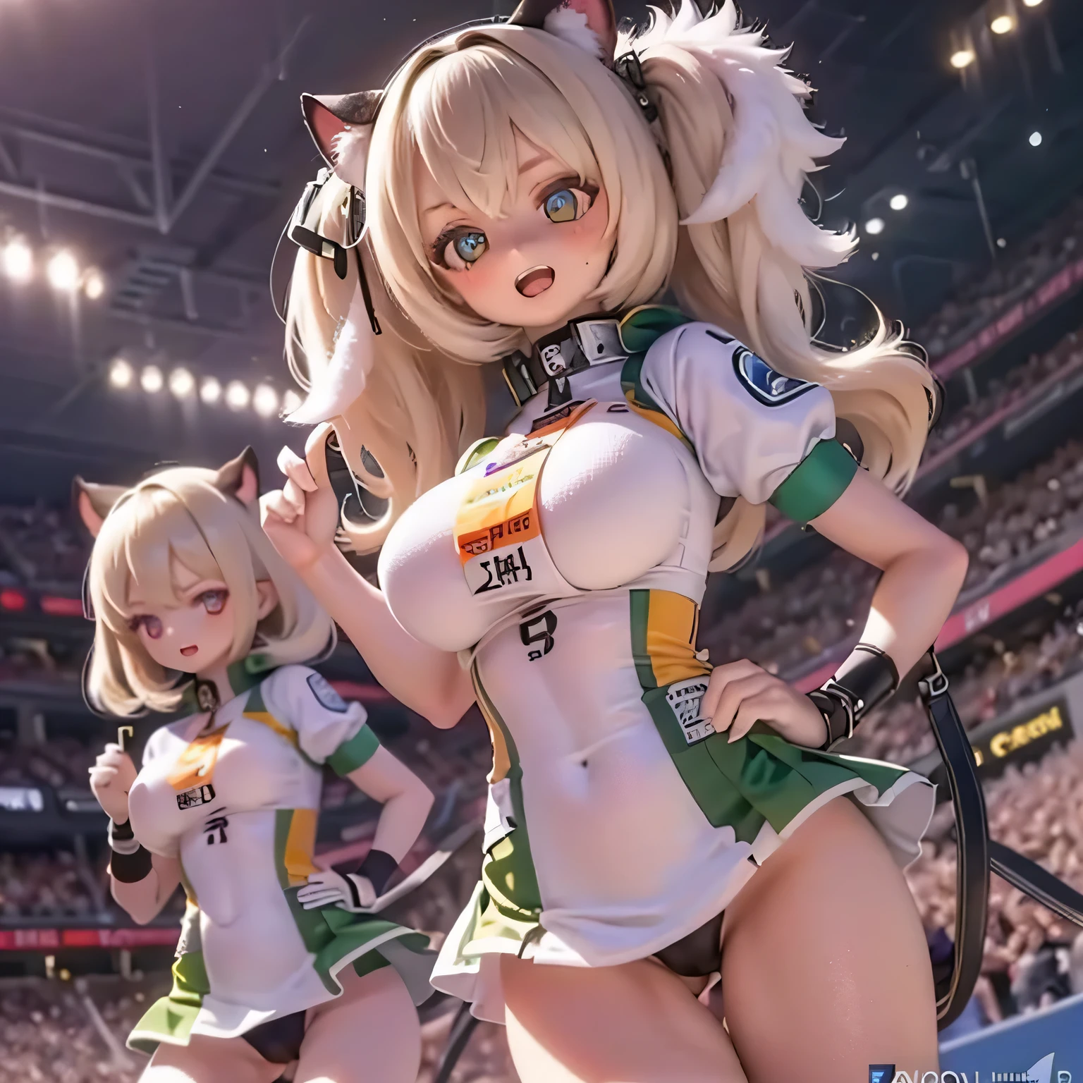 A group of wildcat girls in cute athletics uniforms, have large breasts, Attending a sporting event. The girls are energetic and enthusiastic, Show off your athletic ability on the field. Their uniforms are bright and fitting., Highlight their numbers. The athletics stadium setting is dynamic, Girls are running, Jumping, And compete with each other. The workplace is filled with excitement and competitive spirit.. The image quality is excellent, Highly detailed and realistic visuals. The colors are vibrant and lively, Enhance the overall appeal of the image. The lighting is bright, Showcasing the energy and intensity of sporting events.Girl