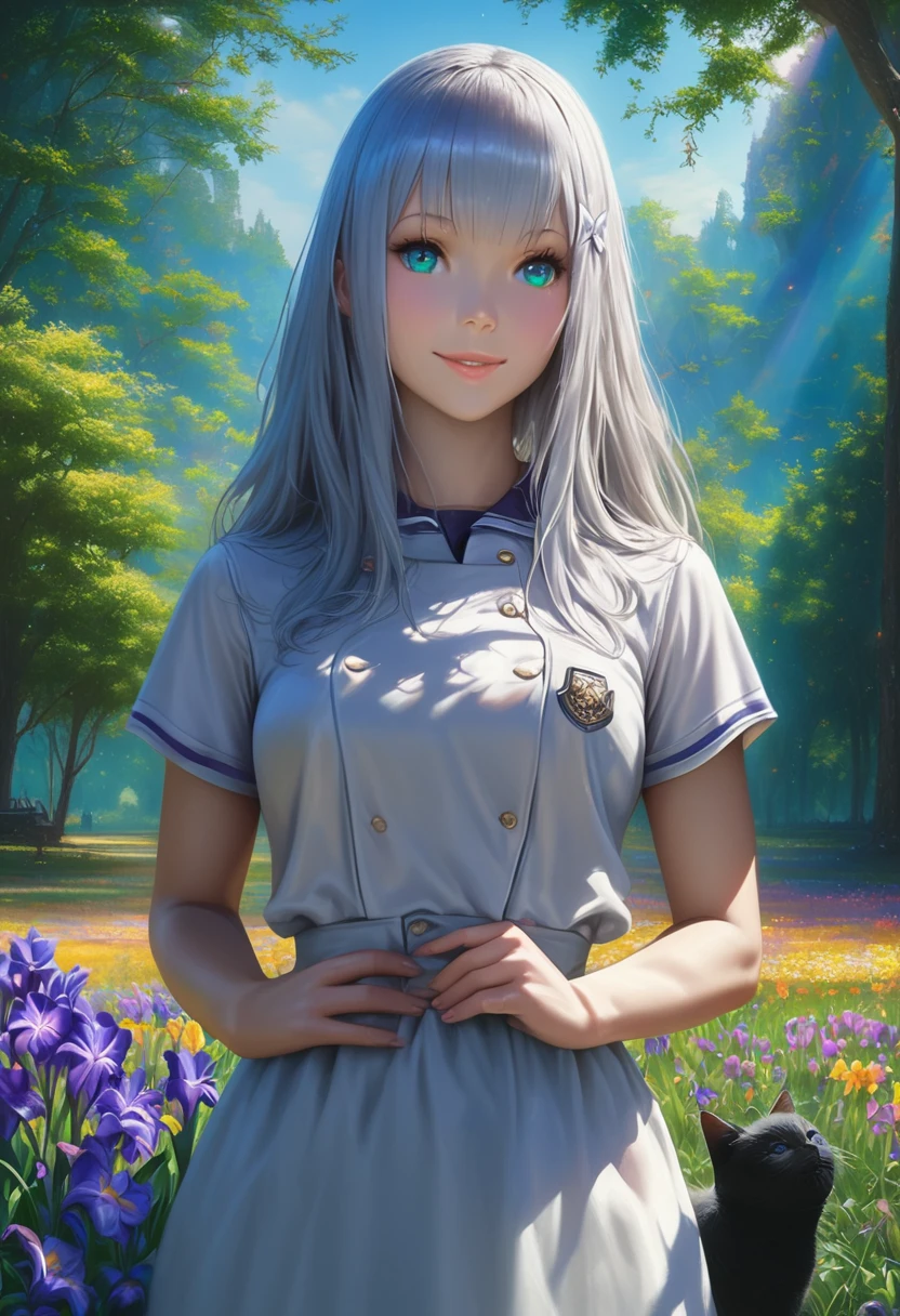 (Panorama, Center, Masterpiece, Highest Quality: 1.2), (8K, Raw Photos, Highest Quality), ((Masterpiece: 1.2)), Realistic, Ultra High Resolution, High Contrast, Photon Mapping, Vivid Colors, distant view, 26mm, Super Detailed, Raw Photos, Authentic, Official Art, RAW Photos, Professional Lighting, Lights, Vivid Atmosphere, finest illustration, best shadows), (An image with a composition with a large background and a small person), A smiling girl (Emilia princess from Re:Zero, elegant silver-haired girl with delicate features, beautiful detailed eyes, long eyelashes, full lips, colorful makeup, slim waist, wearing a academy uniform, short sleeve top, photorealistic, (best quality,4k,8k,highres,masterpiece:1.2),ultra-detailed,(realistic,photorealistic,photo-realistic:1.37), extremely detailed face and eyes, highly detailed iris, (cute)), A smiling girl and a black kitten are watching over the sprouts in the park, The park is bathed in soft morning light, and the trees and flowers are beautiful, giving a sense of the power of life, green and gold and silver gradients, the atmosphere where you can feel the excitement of adventure, an atmosphere of happiness and joy, a world view of high fantasy, a magnificent composition, beautifully depicted with the golden rule, Guardian nebulae of iridescent lights and silvery vapors, colors of corrosive siege rays, slimy air,