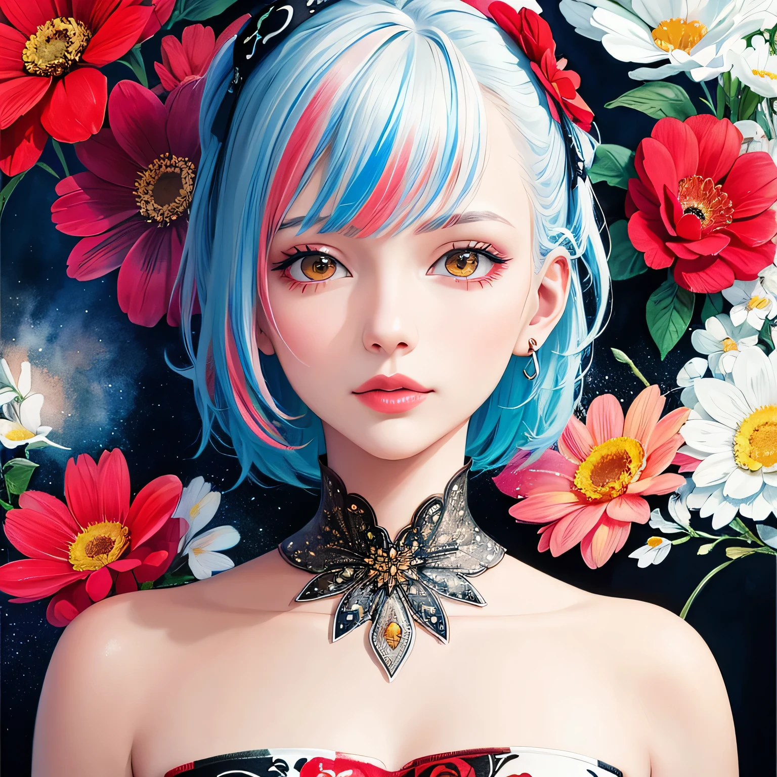 Black Star Red and White Style、(((stylish fashion))), 8K Quality、Intense watercolor, Detailed watercolor art, Watercolor splash, Surreal, avant-garde pop art, Beautiful and expressive paintings, Beautiful artwork illustration, Very colorful tones, wonderful, Cool beauty, highest quality、Official Art, Vector art, Stylish design, (((The most beautiful girl))), Lips in Love, (((highest quality))), HDR, ((detailed)), (((Doodle Art)), ((masterpiece)), ((Super detailed)), (((Colorful flowers))),(((Stylish))), Harbor View Hill