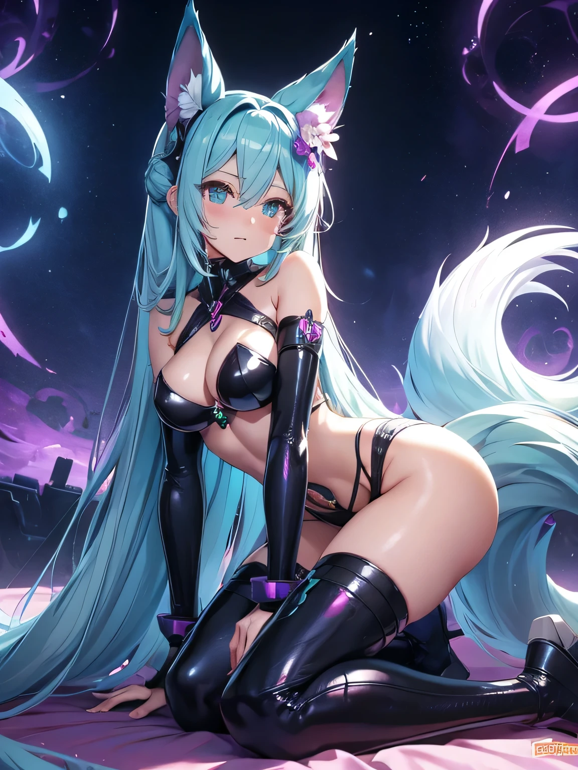 Hatsume miku x suicune , kitsune ears, art by dark natasha, jardin zen, art by dark natasha, art by vixen aztra, cuerpo completo, platas hermosas, cintura delgado, caderas amploas, piernas torneadas, hermosa, fullbody picture, recostada en una cama, mirada coqueta al expectador, sensual bondage