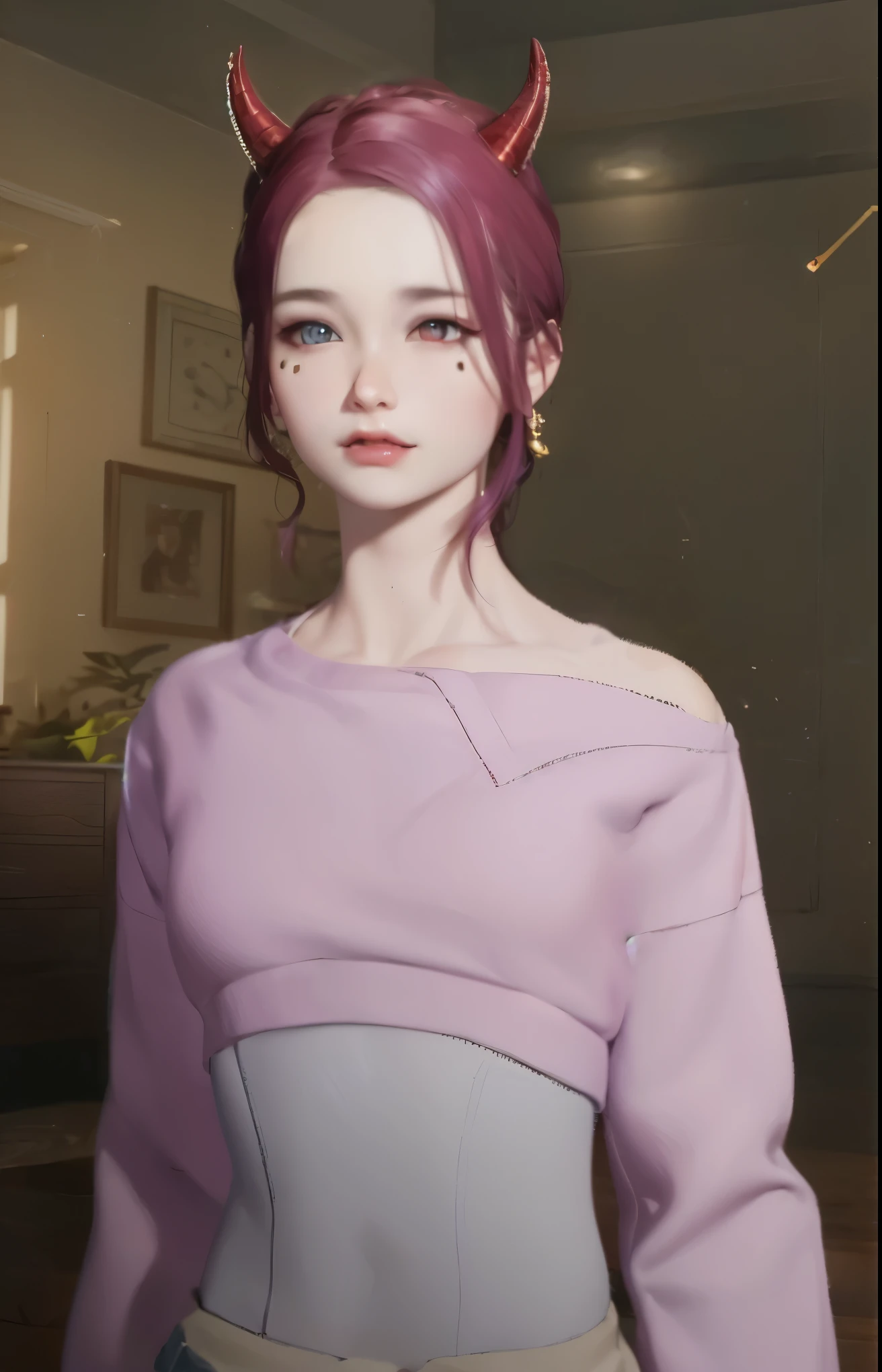 Realistic girl 18 years old , demon girl with horn on the head, very detailed faces, very detailed eyes, close mouth