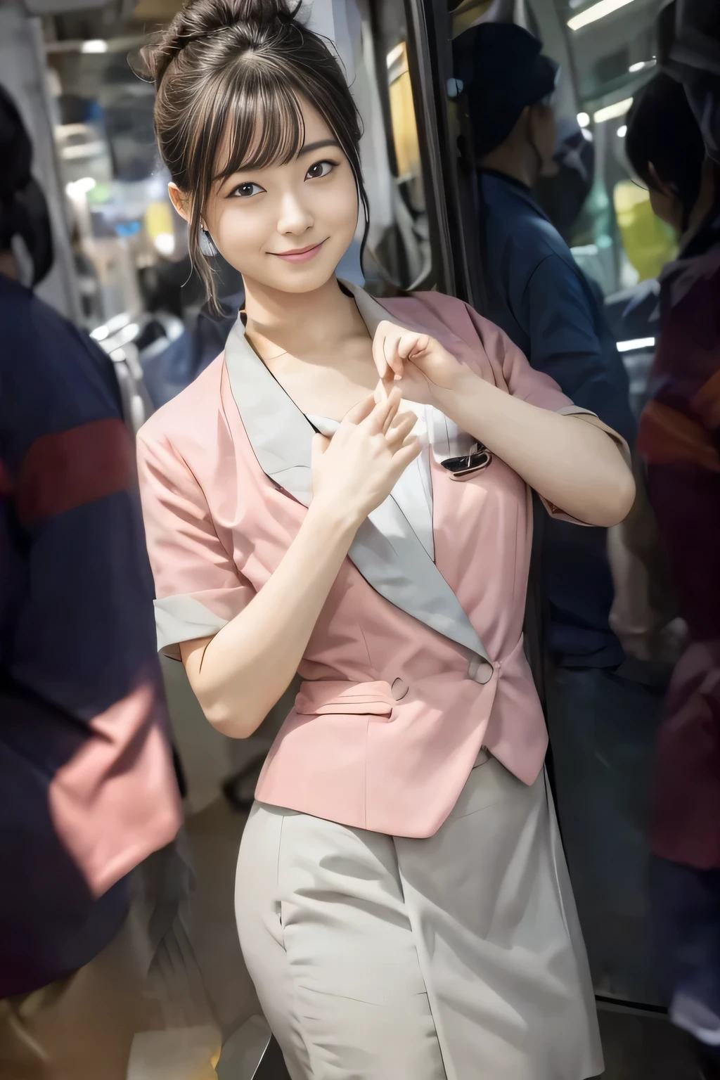 (masterpiece:1.2, highest quality:1.2), 32K HDR, High resolution, (alone、1 girl)、（On the rooftop of a building in the daytime、Professional Lighting）、Building rooftop background、（Nankai train crew uniform pinkを着たリアルスタイル）、（Nankai train crew uniform pink short sleeve pink jacket、Nankai Train Crew Uniform Pink Collarless Short Sleeve Blouse、Nankai Train crew uniform pinkのグレー色のキュロットスカート）、Dark brown hair、（Hair tied up、Hair Bun、Hair Bun）、Dark brown hair、Long Shot、Big Breasts、Thin legs、（（Great hands：2.0）），（（Harmonious body proportions：1.5）），（（Normal limbs：2.0）），（（Normal finger：2.0）），（（Delicate eyes：2.0）），（（Normal eyes：2.0））)、smile、（Nankai Train crew uniform pinkのグレー色のキュロットスカートを見せた美しい歩く姿）、Keep your hands natural