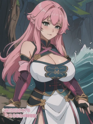 Taoqi,Taoqi charakter showing her huge breasts, very Huge tits,large breasts, gigantic breasts,a close up of a person with pink hair and a pink wig, waifu,, ayaka game wuthering Waves, tai costume, Taoqi from wuthering Waves, ,manga art style,