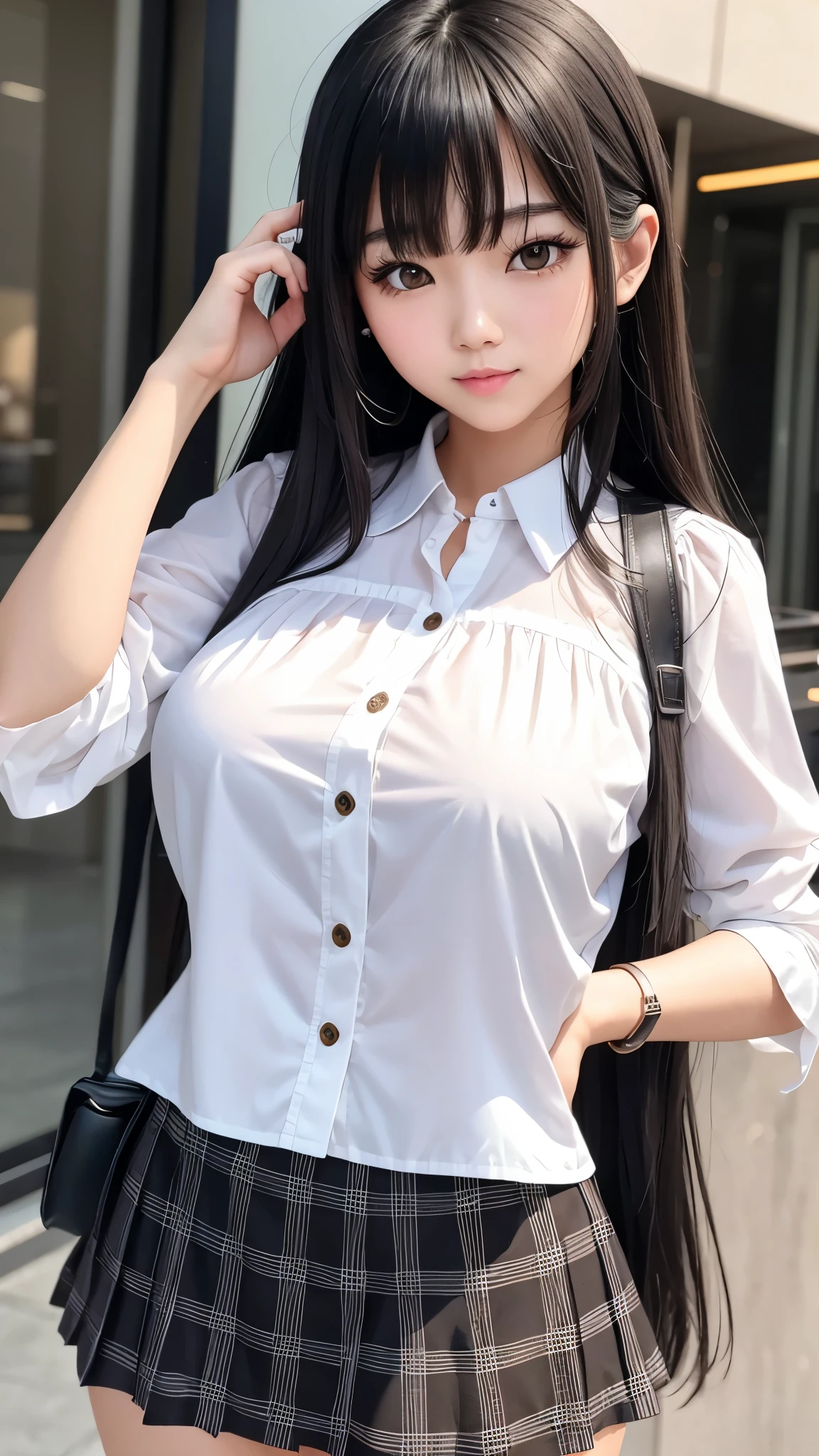 Detailed face、highlight、Asian Girl、thigh、breast enhancement、Black Hair、Heavy bangs、Checkered Skirt、White blouse、
