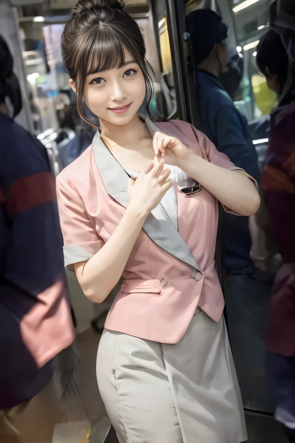 (masterpiece:1.2, highest quality:1.2), 32K HDR, High resolution, (alone、1 girl)、（On the rooftop of a building in the daytime、Professional Lighting）、Building rooftop background、（Nankai train crew uniform pinkを着たリアルスタイル）、（Nankai train crew uniform pink short sleeve pink jacket、Nankai Train Crew Uniform Pink Collarless Short Sleeve Blouse、Nankai Train crew uniform pinkのグレー色のキュロットスカート）、Dark brown hair、（Hair tied up、Hair Bun、Hair Bun）、Dark brown hair、Long Shot、Big Breasts、Thin legs、（（Great hands：2.0）），（（Harmonious body proportions：1.5）），（（Normal limbs：2.0）），（（Normal finger：2.0）），（（Delicate eyes：2.0）），（（Normal eyes：2.0））)、smile、（Nankai Train crew uniform pinkのグレー色のキュロットスカートを見せた美しい歩く姿）、Keep your hands natural