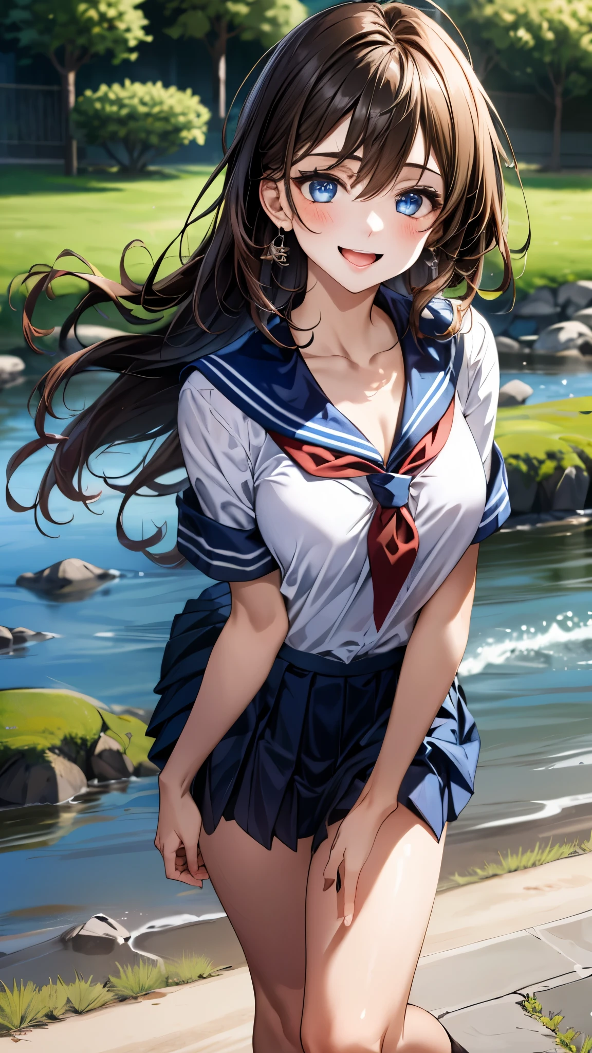 (masterpiece:1.3, top-quality, ultra high res, ultra detailed), (realistic, photorealistic:1.2), beautiful illustration, perfect lighting, colorful, depth of fields,
beautiful detailed hair, beautiful detailed face, beautiful detailed eyes, beautiful clavicle, beautiful body, beautiful chest, beautiful thigh, beautiful legs, beautiful fingers,
looking at viewer, 1 girl, high school girl, perfect face, (perfect anatomy, anatomically correct), cute and symmetrical face, babyface, , shiny skin,
(long hair:1.5, straight hair:1.6, rosy brown hair), asymmetrical bangs, hair between eyes, blue eyes, drooping eyes, long eye lasher, (medium breasts), slender,
(detailed cloth texture), short sleeve, blue sailor suit, pleated skirt, red sailor scarf, school bug,
(beautiful scenery), summer, afternoon, (riverside:1.2, grass), walking, (waving), (smile, half-open mouth),