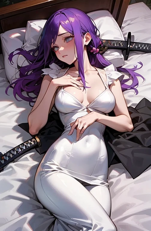 Cool women、sexy、Center of chest、Rize from Chainsaw Man、beauty、yandere、Sword in hand、bed、Sloppy、Wedding Dress、