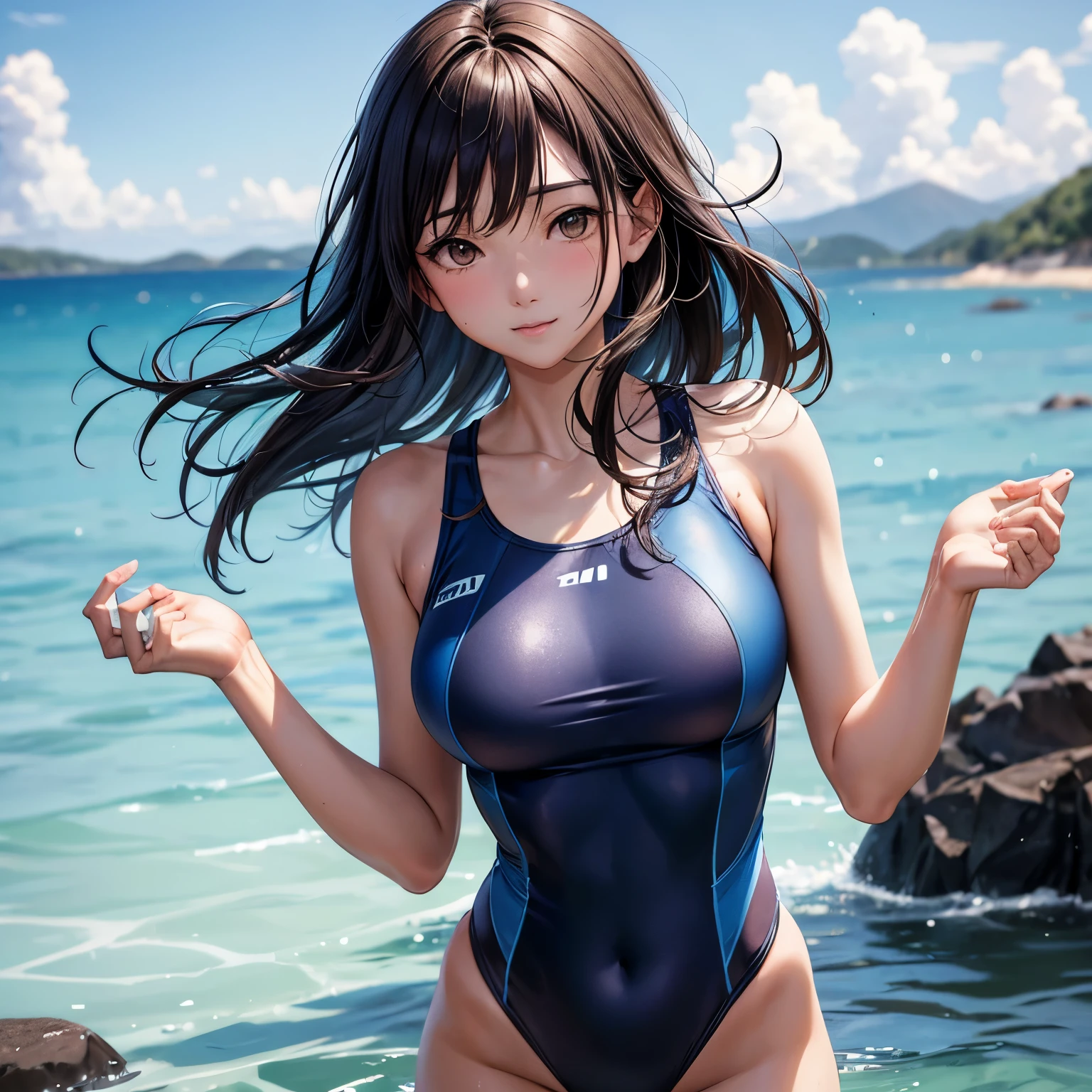 (4K,masterpiece,best quality),nsfw,no background,dynamic angle,upper body,(a japanese women),solo,(35 years old):1.2,slender body,outdoor,no item,no object,bob cut,long hair,brown hair,detailed face,beautiful face,light smile,shy,no nose hole,finely detailed skin,beautiful hips,(closed-fitting deep-blue compression one piece swimsuit):1.2,wet,(emphasize body line):1.2,simple background,