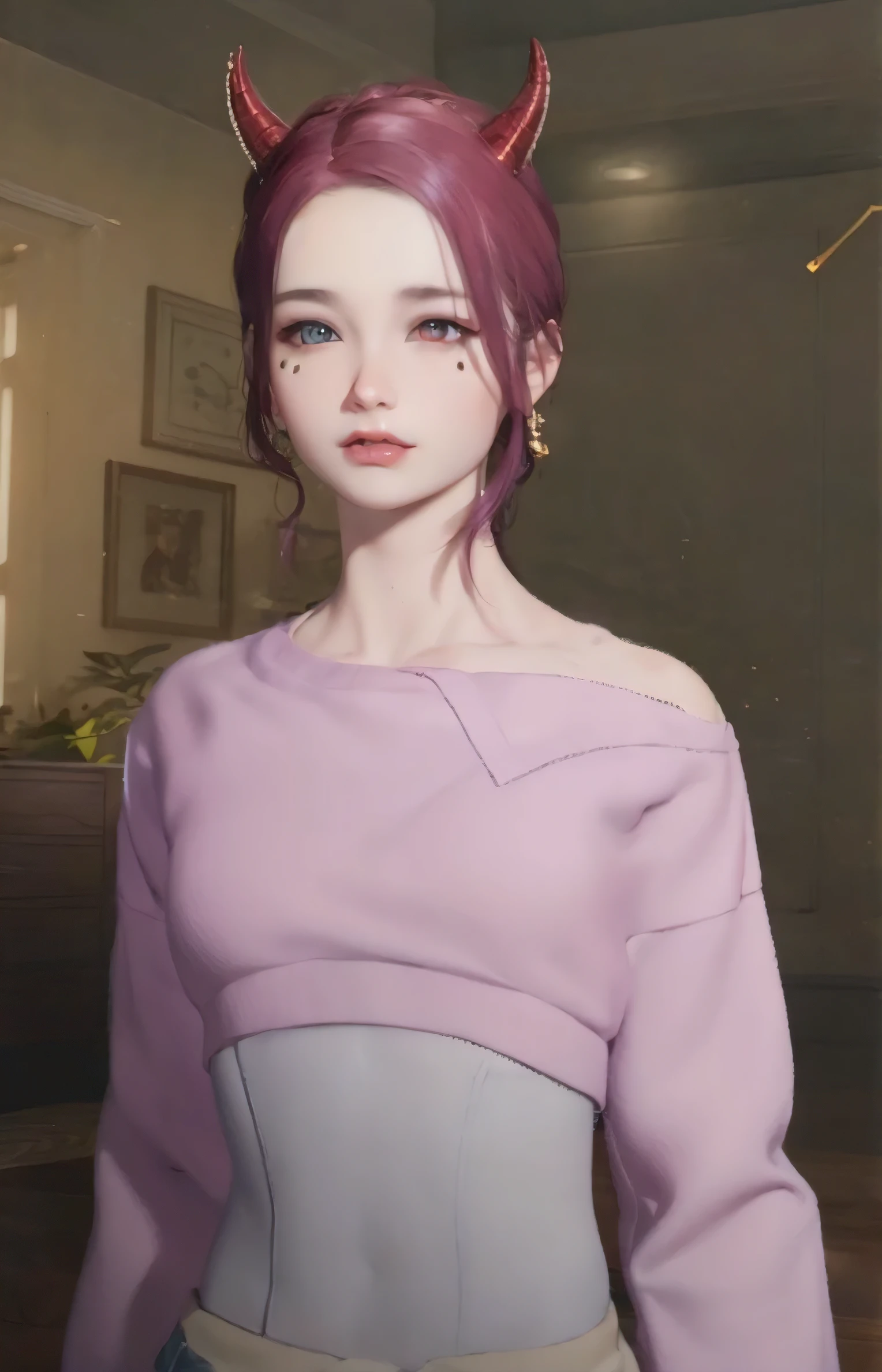Realistic girl 18 years old , demon girl with horn on the head, very detailed faces, very detailed eyes, close mouth