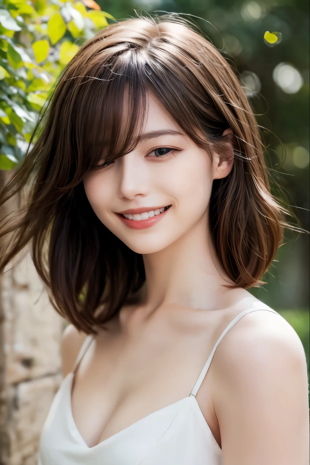 masterpiece,  woman, solo, hair over eyes, outdoors, smile, natural lighting