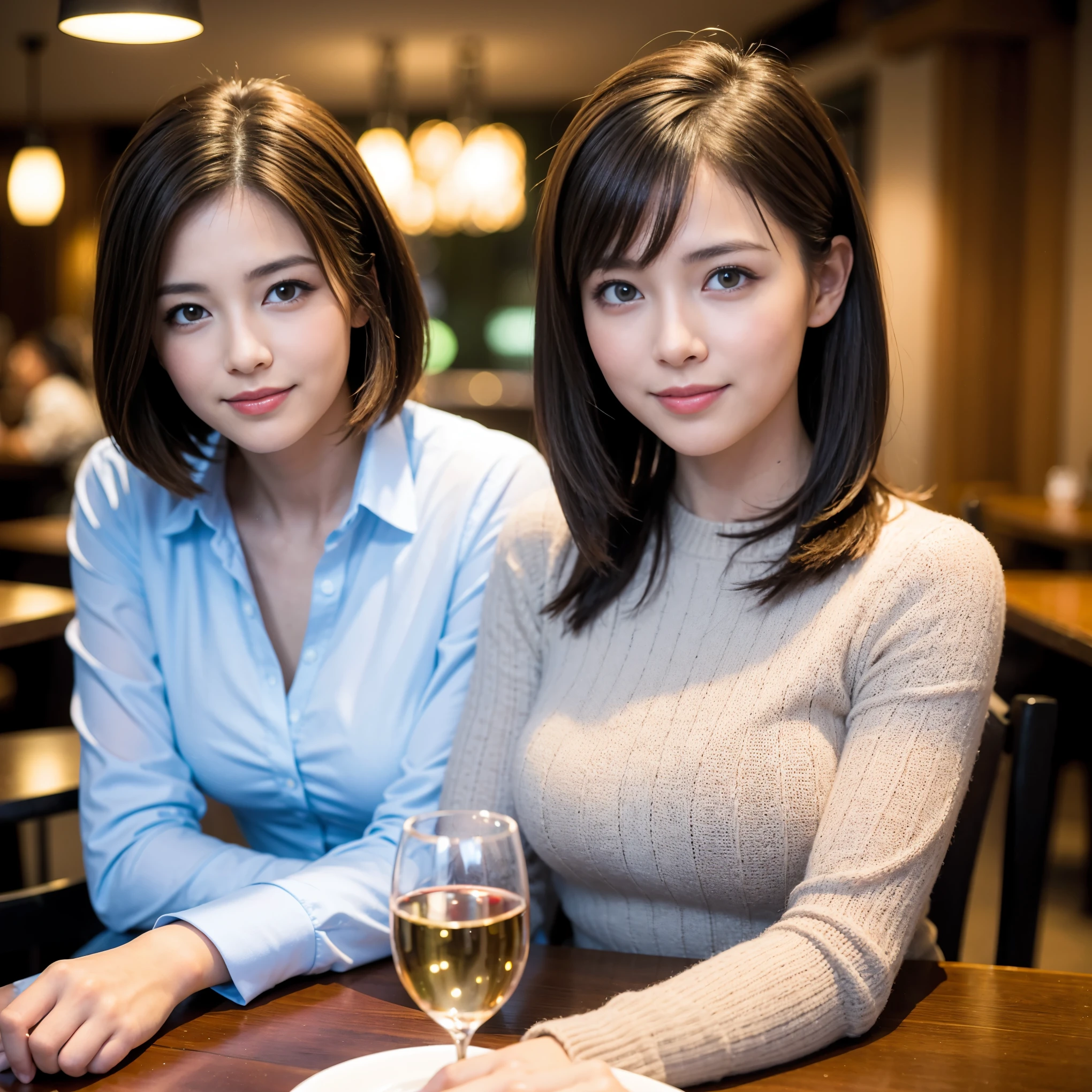 ((highest quality、8k、masterpiece:1.3))、1 male、1 female、Half Couple、Spouse、Brown Hair Couple、The body is slim、((Bob Hale、Straight hair:1.2)), (Realistic, Intricate details:1.2), Wine glass on the table、Put the light on your face、 Amazing view of the sunset sky and clouds、Amazing mountain views、A bright smile、The wonderfulness of smile、Bright image、The beauty of wine, Beautiful Face, blue eyes, The light shines on your face, Blushing, short hair,Bright Face、 (Age 37), 39 years old, red wine 、Appetizers、Italian food、Wine bottle、Champagne、sparkling wine、Two beauties、Brown Hair、Shortcuts、Long sleeve shirt、dress、Pretty Woman 1, (Slim face), (The body is slim), (Brown Hair), (Shortcuts), cheeks turn a little red,Attractive beauty、restaurant, In a prominent place (From the waist up) Nova Frog Style, actress, model, Upper Body, White wine, slim, wine glass, A wine glass placed in the center, smile, (smile: 1.15), Beautiful fine grain, Depth f/2,saturation, High Contrast, Strong light and shadow,Moist Body:1.5、3D texture、Delicate eyes、Brown Hair、The hair is very shiny、