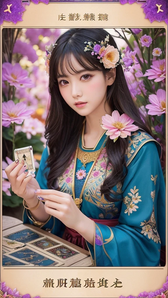 highest quality、masterpiece、High resolution、Perfect detail、(非常に上品in美しい:1.1)、(Official Art、Beautiful and aesthetic:1.2)、(Fractal Art:1.3)、(Lots of flower effects:1.4)、One girl、Looking_in_Audience、portline、solo、Very vibrant colors、(Various flower effects:1.3)、Lots of petals、beiniful lights、Quality beauty、(A detailed face with detailed eyes:1.1)、(Beautiful and vivid background: 1.1)、美しい女性fortune tellerとクリスタル、(Tarot Cards:1.4)、Ren Hao、ribbon、Flowers and petals、beautiful concept illustrinion、fortune teller'tent in a dark alley、Under the hood、Ugly old woman in strange gypsy costume sitting in table、Tarot Cardsとウィジャボードに手を置きます