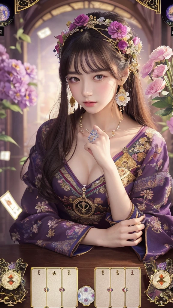 highest quality、masterpiece、High resolution、Perfect detail、(非常に上品in美しい:1.1)、(Official Art、Beautiful and aesthetic:1.2)、(Fractal Art:1.3)、(Lots of flower effects:1.4)、One girl、Looking_in_Audience、portline、solo、Very vibrant colors、(Various flower effects:1.3)、Lots of petals、beiniful lights、Quality beauty、(A detailed face with detailed eyes:1.1)、(Beautiful and vivid background: 1.1)、美しい女性fortune tellerとクリスタル、(Tarot Cards:1.4)、Ren Hao、ribbon、Flowers and petals、beautiful concept illustrinion、fortune teller&#39;tent in a dark alley、Under the hood、Ugly old woman in strange gypsy costume sitting in table、Tarot Cardsとウィジャボードに手を置きます