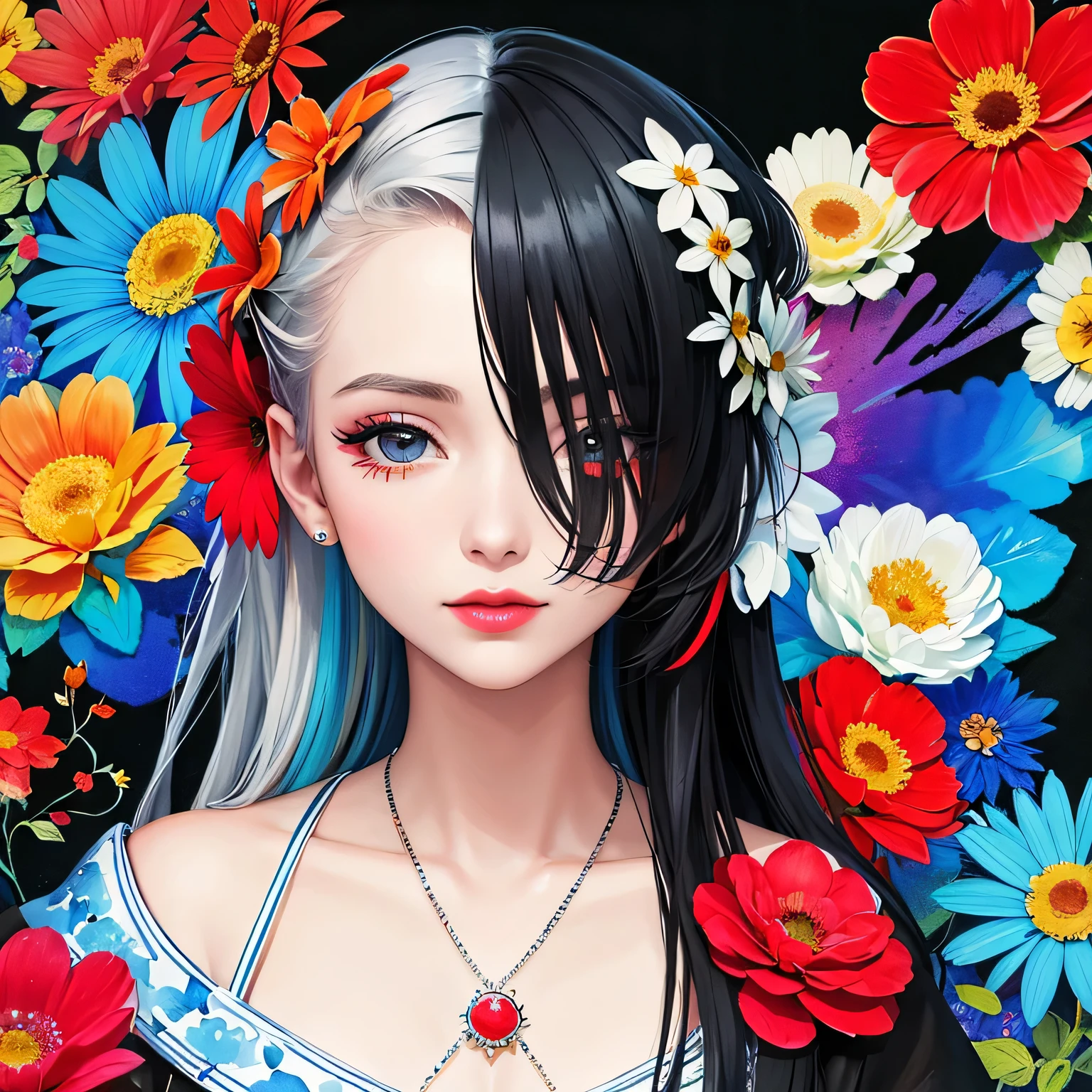 Black Star Red and White Style、(((stylish fashion))), 8K Quality、Intense watercolor, Detailed watercolor art, Watercolor splash, Surreal, avant-garde pop art, Beautiful and expressive paintings, Beautiful artwork illustration, Very colorful tones, wonderful, Cool beauty, highest quality、Official Art, Vector art, Stylish design, (((The most beautiful girl))), Lips in Love, (((highest quality))), HDR, ((detailed)), (((Doodle Art)), ((masterpiece)), ((Super detailed)), (((Colorful flowers))),(((Stylish))), Harbor View Hill