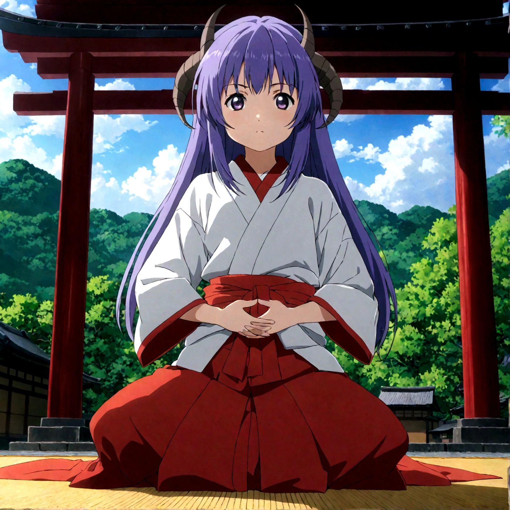 score_9, score_8_up, score_7_up, score_6_up, source_anime,BREAK , 1girl, hanyuu, solo, (tween:1.2), kawaii, ((horns)), medium breasts, purple eyes, purple hair, long hair, simple background, white background, japanese clothes, miko, skirt, hakama, hakama skirt, red detached sleeves, red hakama,Offering a prayer, ,cinematic angle,,anime screencap, anime coloring,,(cinematic lighting,professional lighting),cinematic shadows,backlighting