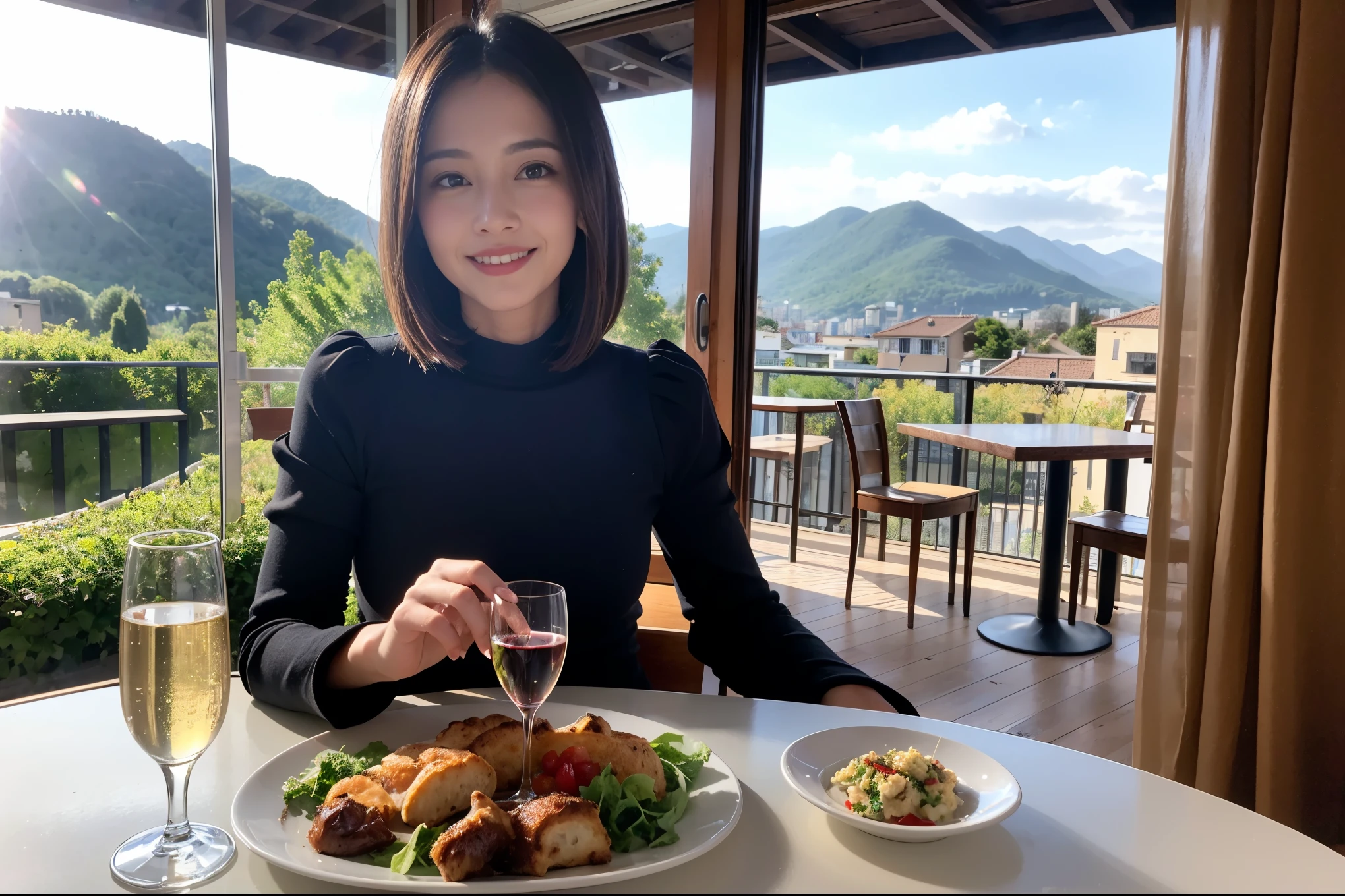 ((highest quality、8k、masterpiece:1.3))、1 male、1 female、Spouse、Beautiful couple、smile、 (Slim face), (the body is スリム), (Brown Hair), (Shortcuts), ((Bob Hale、Straight hair:1.2)), Wine glass on the table、Please shine a light on my face、 Amazing view of the sunset sky and clouds、Amazing mountain views、The beauty of a smile、Bright image、Blushing, Shortcuts,Bright Face、 (42 years old), 39 years old, red wine 、Appetizers、Italian food、Wine bottle、Champagne、sparkling wine、Long sleeve shirt、dress、Attractive beauty、restaurant, Nova Frog Style, actress, model, Upper Body, White wine, red wine, wine glass,