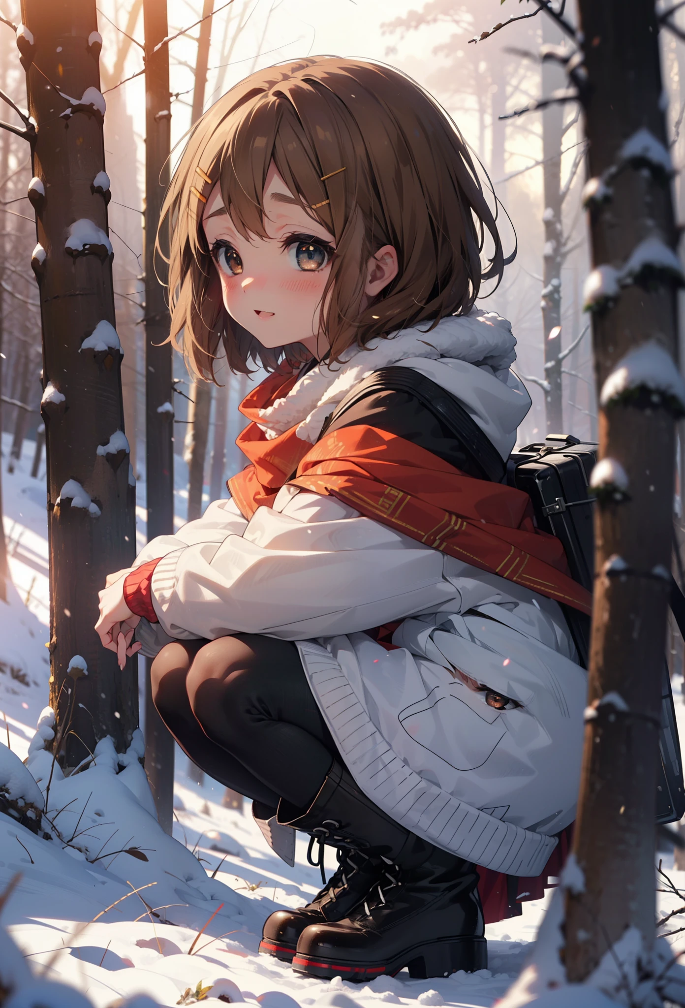 yuihirasawa, Yui Hirasawa, short hair, Brown Hair, hair ornaments, (Brown eyes:1.5), Hair Clip、smile,smile,blush,White Breath,
Open your mouth,snow,Ground bonfire,, Outdoor, boots, snowing, From the side, wood, suitcase, Cape, Blurred, , forest, White handbag, nature, Squat, Mouth closed, Cape, winter, Written boundary depth, Black shoes, red Cape break looking at viewer, Upper Body, whole body, break Outdoor, forest, nature, break (masterpiece:1.2), highest quality, High resolution, unity 8k wallpaper, (shape:0.8), (Beautiful and beautiful eyes:1.6), Highly detailed face, Perfect lighting, Highly detailed CG, (Perfect hands, Perfect Anatomy),