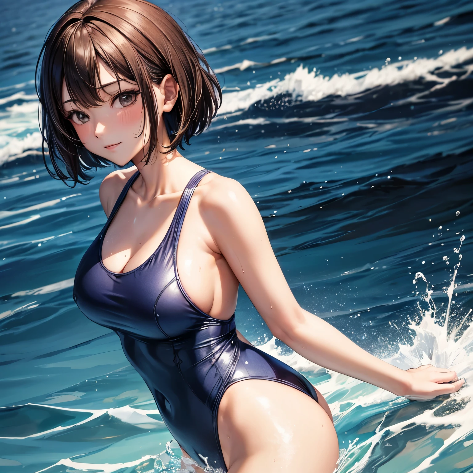 (4K,masterpiece,best quality),nsfw,no background,dynamic angle,upper body,(a japanese women),solo,(35 years old):1.2,slender body,outdoor,no item,no object,bob cut,brown hair,detailed face,beautiful face,light smile,shy,no nose hole,finely detailed skin,beautiful hips,(closed-fitting deep-blue compression one piece swimsuit):1.2,wet,(emphasize body line):1.2,simple background,