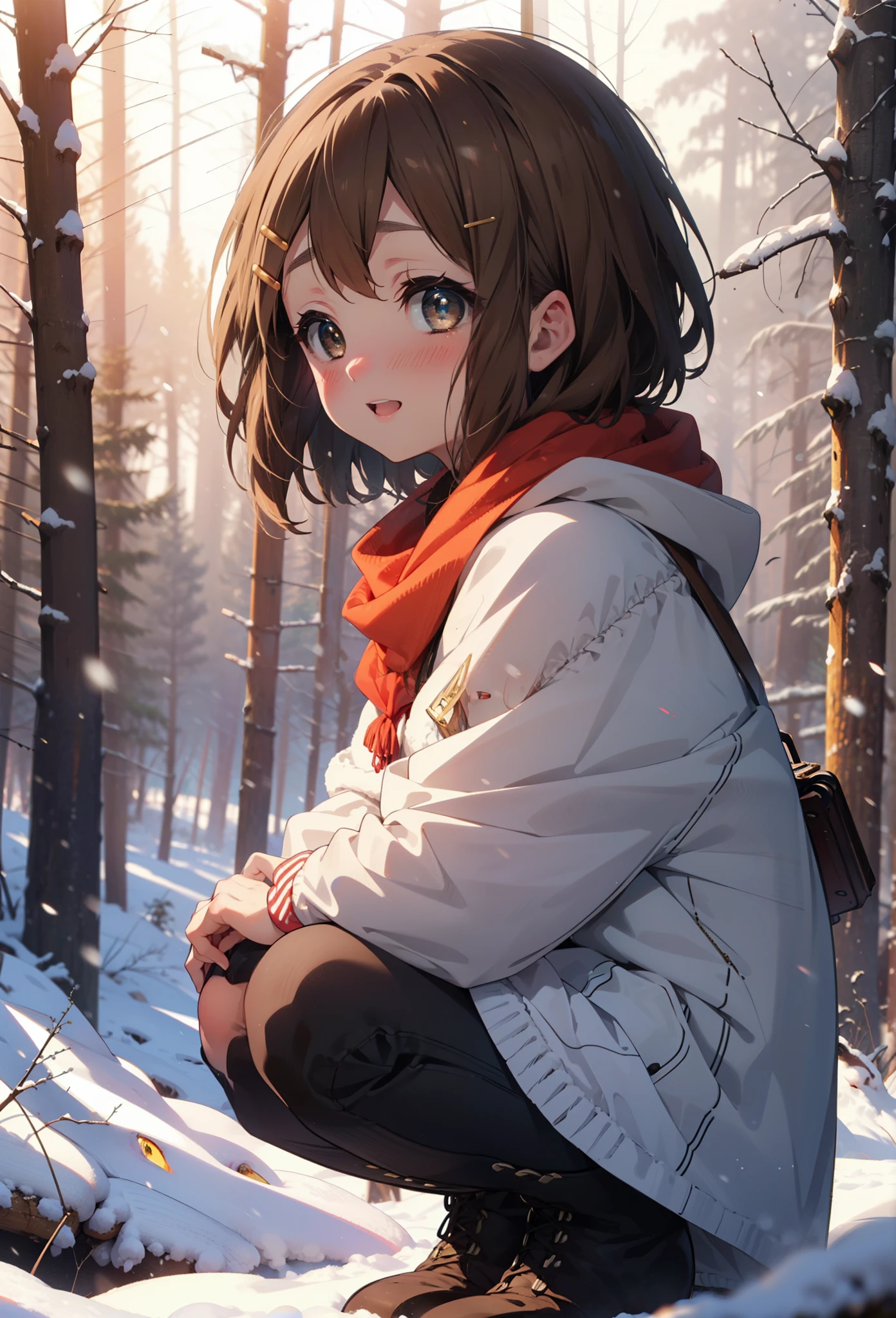 yuihirasawa, Yui Hirasawa, short hair, Brown Hair, hair ornaments, (Brown eyes:1.5), Hair Clip、smile,smile,blush,White Breath,
Open your mouth,snow,Ground bonfire,, Outdoor, boots, snowing, From the side, wood, suitcase, Cape, Blurred, , forest, White handbag, nature,  Squat, Mouth closed, Cape, winter, Written boundary depth, Black shoes, red Cape break looking at viewer, Upper Body, whole body, break Outdoor, forest, nature, break (masterpiece:1.2), highest quality, High resolution, unity 8k wallpaper, (shape:0.8), (Beautiful and beautiful eyes:1.6), Highly detailed face, Perfect lighting, Highly detailed CG, (Perfect hands, Perfect Anatomy),