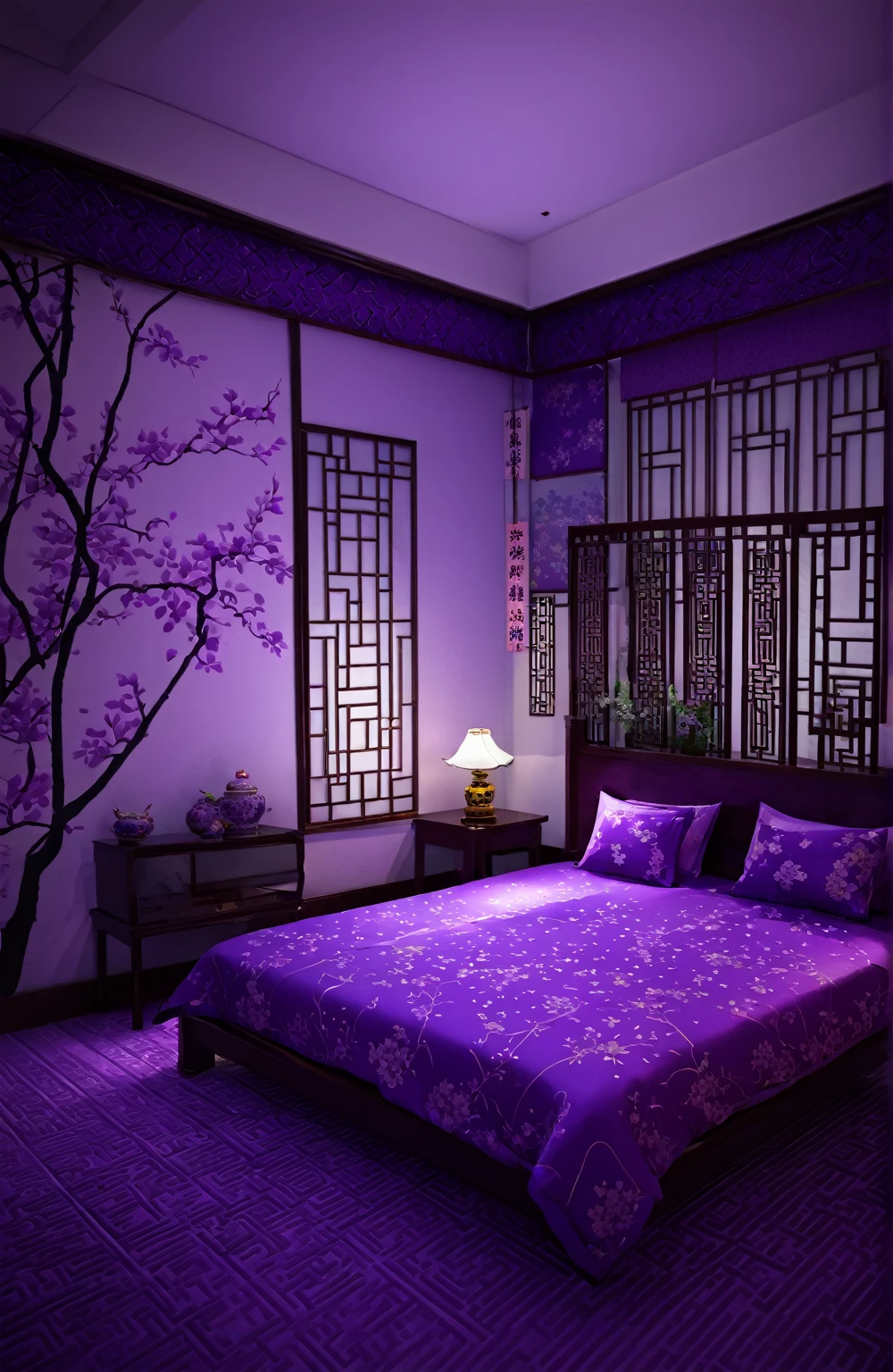 Top quality illustration night view no people chinese style room purple delicate bed sofa