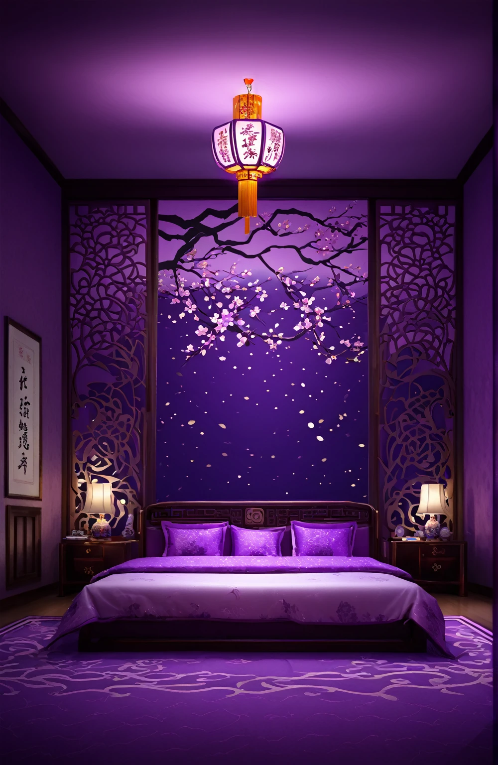 Top quality illustration night view no people chinese style room purple delicate bed sofa