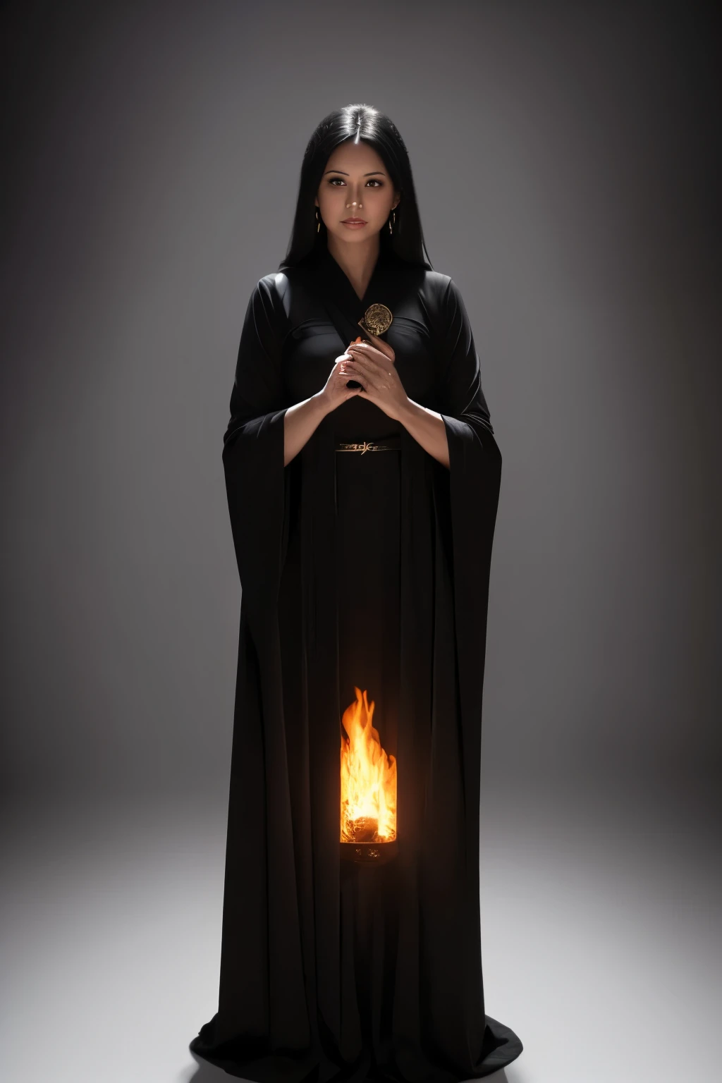 женщина Fire Mage, Middle-aged women, (35-40 per species), Very stern and cold appearance, Fire Mage, dark detailed background, Fire around woman, Cold black eyes, ((High Detail)), ((masterpiece)), ((best quality)), portrait, For the audience, ((Realistic lighting)), The clothes are black robes, Complex fabric folds, Look directly at the audience