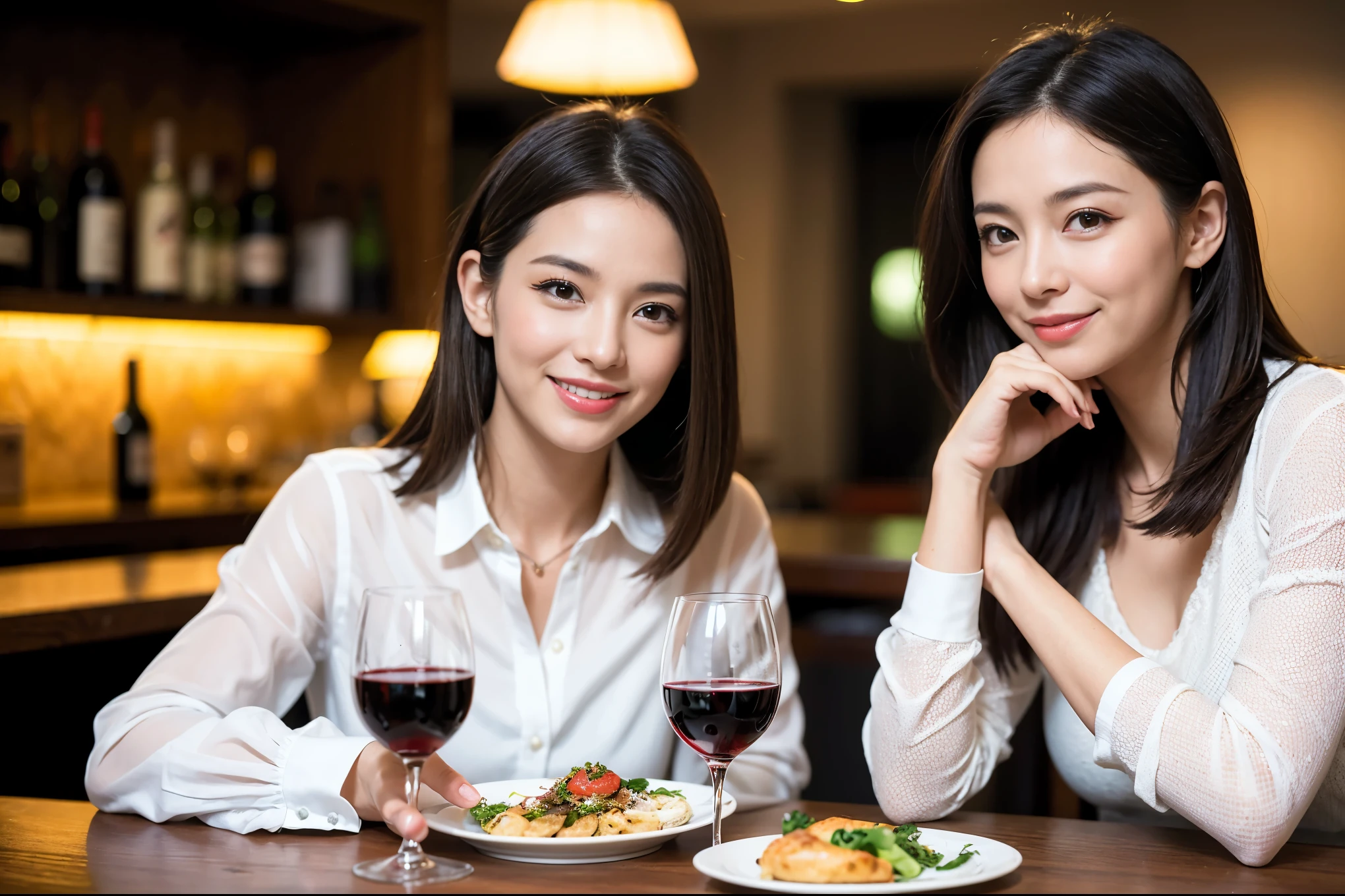 ((highest quality、8k、masterpiece:1.3))、1 male、1 female、Spouse、Beautiful couple、smile、 (Slim face), (the body is スリム), (Brown Hair), (Shortcuts), ((Bob Hale、Straight hair:1.2)), Wine glass on the table、Please shine a light on my face、 Amazing view of the sunset sky and clouds、Amazing mountain views、The beauty of a smile、Bright image、Blushing, Shortcuts,Bright Face、 (42 years old), 39 years old, red wine 、Appetizers、Italian food、Wine bottle、Champagne、sparkling wine、Long sleeve shirt、dress、Attractive beauty、restaurant, Nova Frog Style, actress, model, Upper Body, White wine, red wine, wine glass,