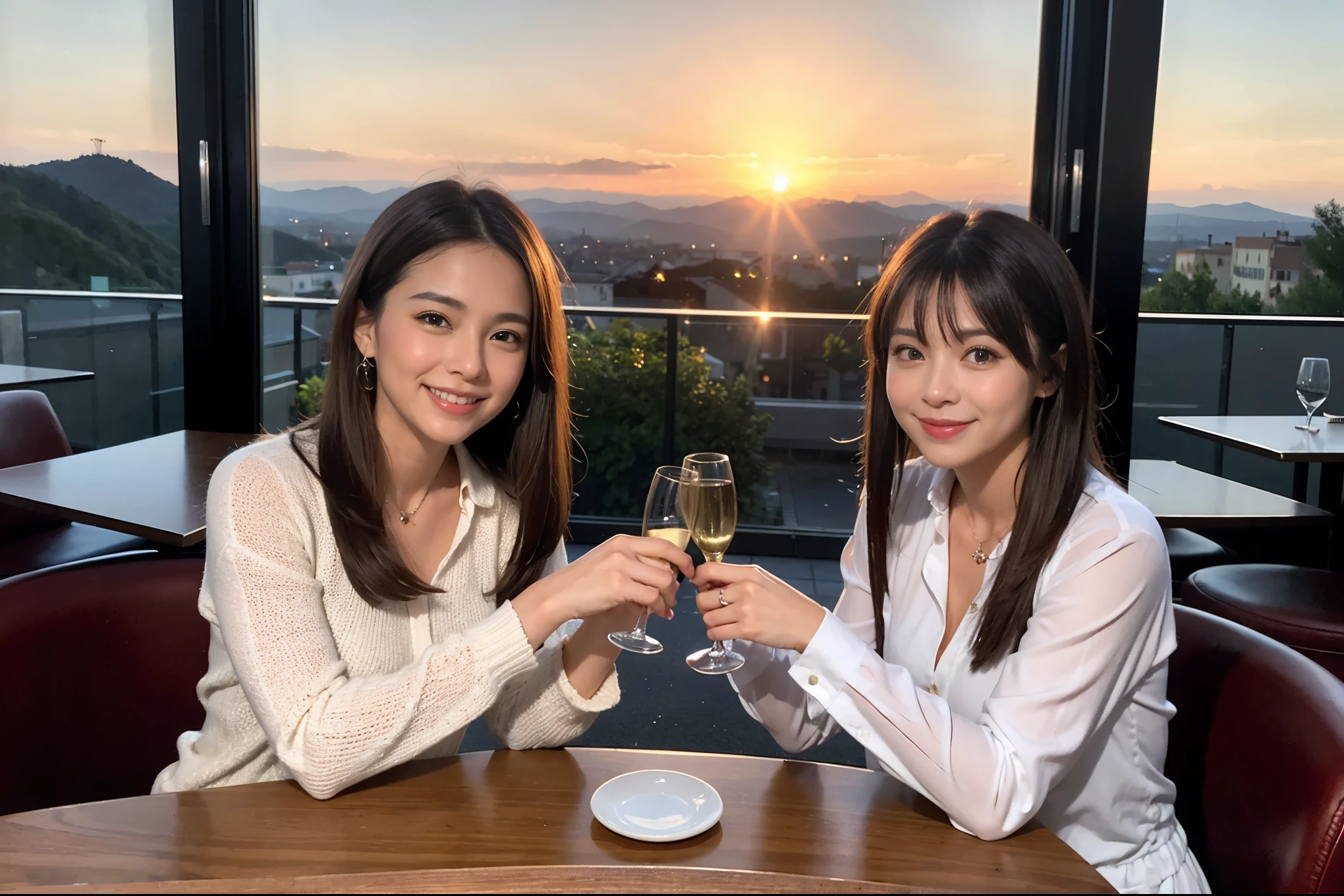 ((highest quality、8k、masterpiece:1.3))、1 male、1 female、Spouse、Beautiful couple、smile、 (Slim face), (the body is スリム), (Brown Hair), (Shortcuts), ((Bob Hale、Straight hair:1.2)), Wine glass on the table、Please shine a light on my face、 Amazing view of the sunset sky and clouds、Amazing mountain views、The beauty of a smile、Bright image、Blushing, Shortcuts,Bright Face、 (42 years old), 39 years old, red wine 、Appetizers、Italian food、Wine bottle、Champagne、sparkling wine、Long sleeve shirt、dress、Attractive beauty、restaurant, Nova Frog Style, actress, model, Upper Body, White wine, red wine, wine glass,