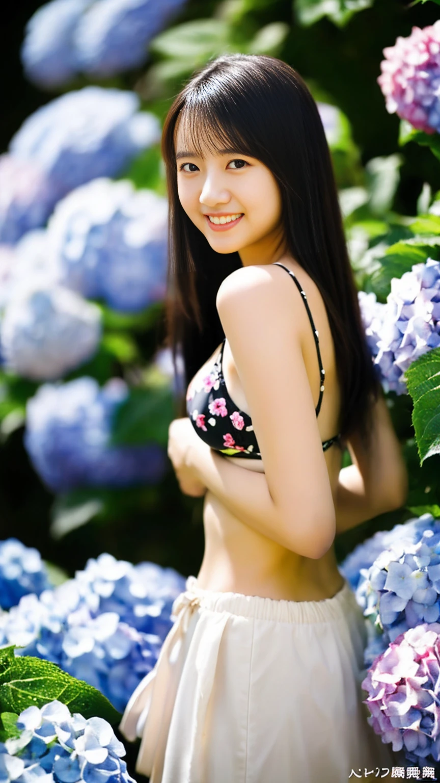 最high quality、high quality、Best image quality、8k、Floral Bikini、最High resolution、High resolution、最high quality、masterpiece、RAW Photos、whole body写真、Detailed and realistic human body、Detailed and realistic skin、Realistic face in every detail、Detailed and realistic eyes、Detailed and realistic lips、Detailed and realistic teeth、Detailed and realistic ears、Detailed and realistic hair、Realistic reproduction of every detail、Realistic fingers in every detail、(Beautiful Hands、thumb１reference４)、Realistic feet down to the last detail、((Beautiful Japanese Woman))、(Japanese Model)、((21 year old beautiful woman))、(Black Hair)、(Straight hair)、((whole body))、(Slim and perfect figure)、(whole body光沢肌、Fair skin)、Detailed and realistic human body、Detailed and realistic skin、Realistic face in every detail、Realistic fingers in every detail、Detailed realistic feet、Soft natural light、Japanese garden、A 360-degree view of the hydrangea fields、((Standing in the middle of a hydrangea field(A woman surrounded by hydrangeas))、Poses to make your thighs look beautiful,whole bodyポーズ、Small butt、Focus on the chest、Soft Breasts、smile、