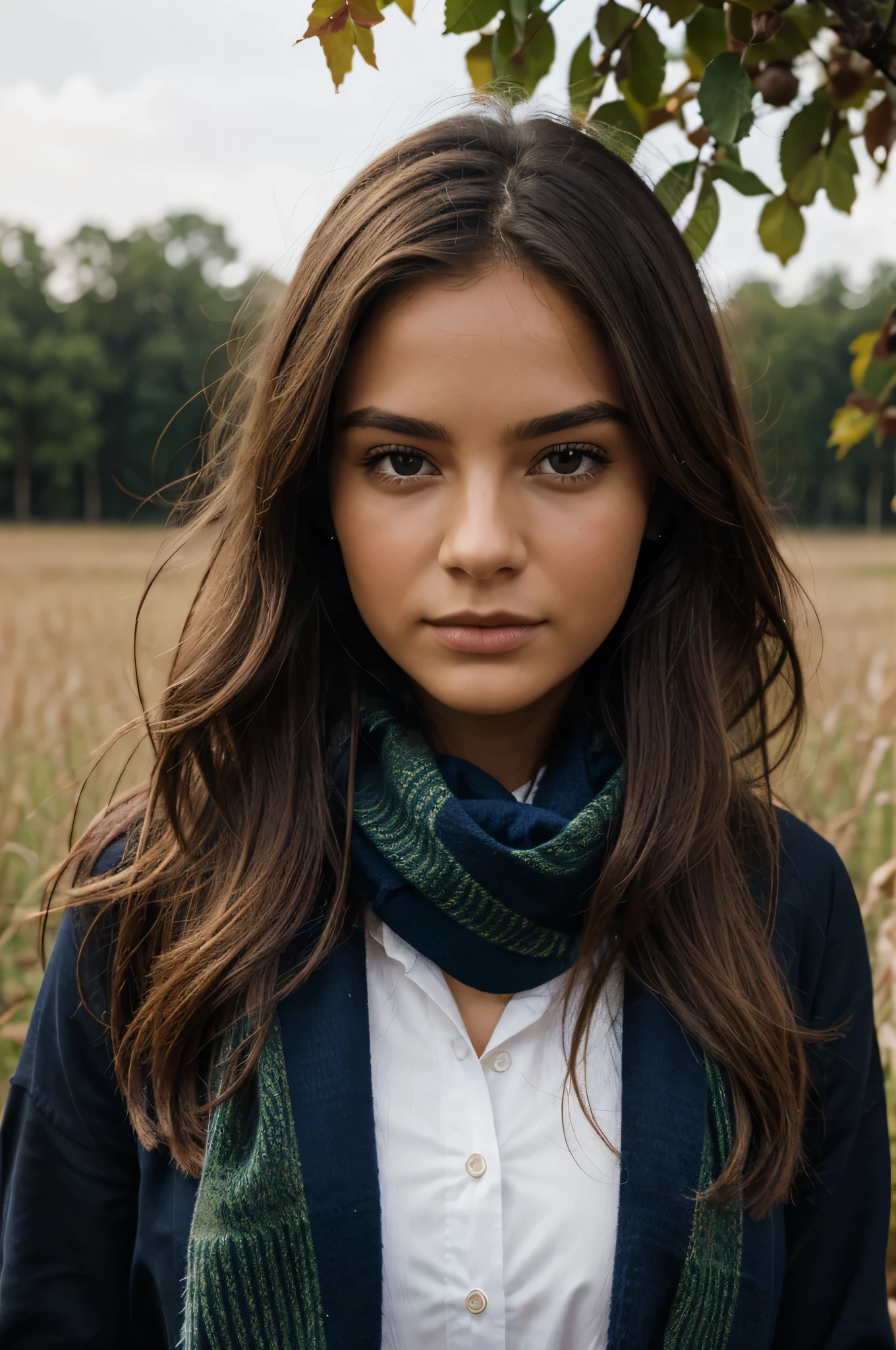 8k, best quality, masterpiece, realistic, ultra detail, photo realistic, Increase quality, a photo of a girl standing in a field with a scarf, long wavy blond hair in the style of dark and brooding designer, voluminous mass, photobash, serene faces, jagged edges, navy, natural beauty, close-up shot