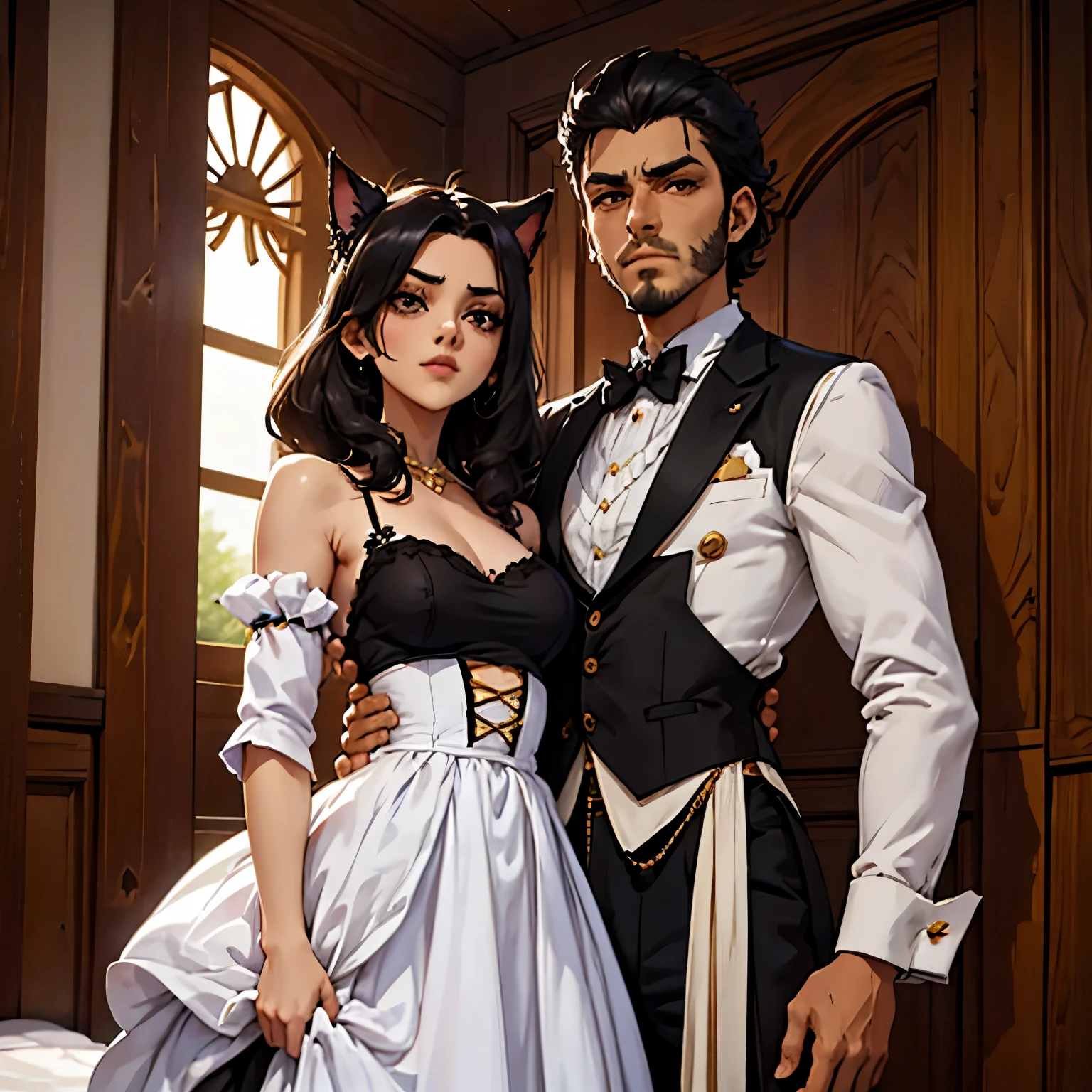 Un hombre alto con el cabello largo y con barba con traje negro sosteniendo la mano de su esposa con orejas de gato y ropa elegante, fuera de una casa.